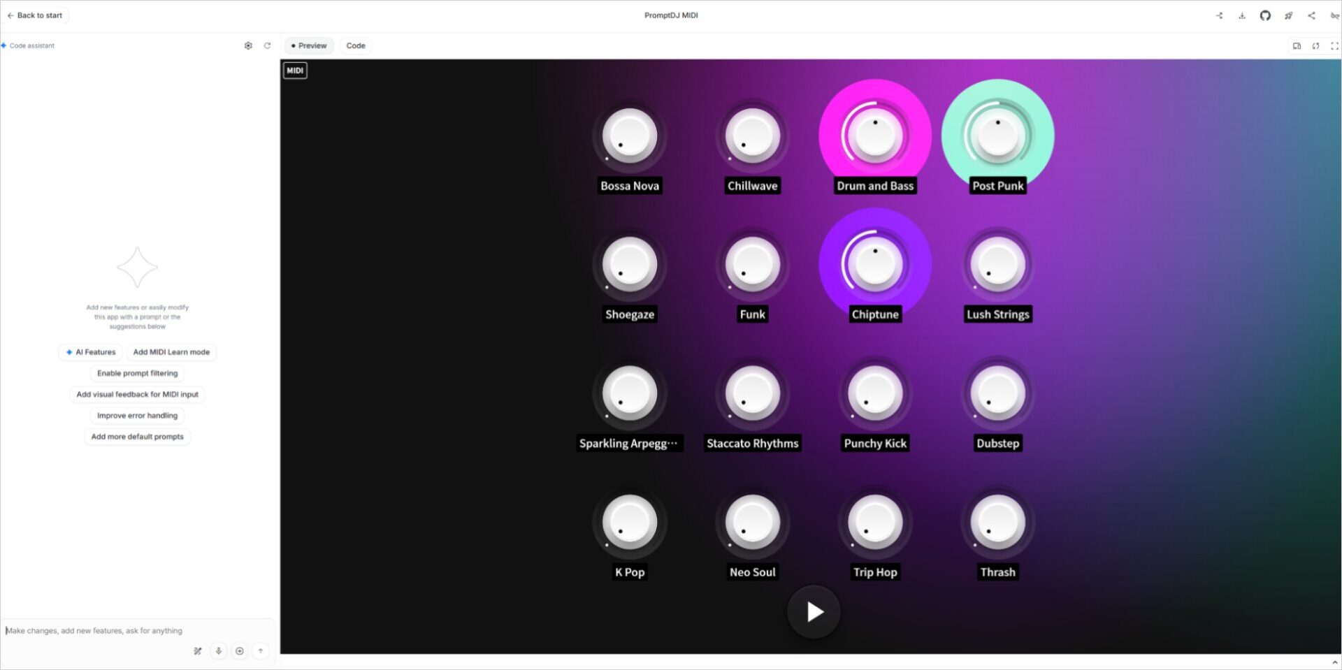 PromptDJ MIDIのデモアプリが起動し、ジャンル名が付いた複数のノブが並ぶ専用UI画面