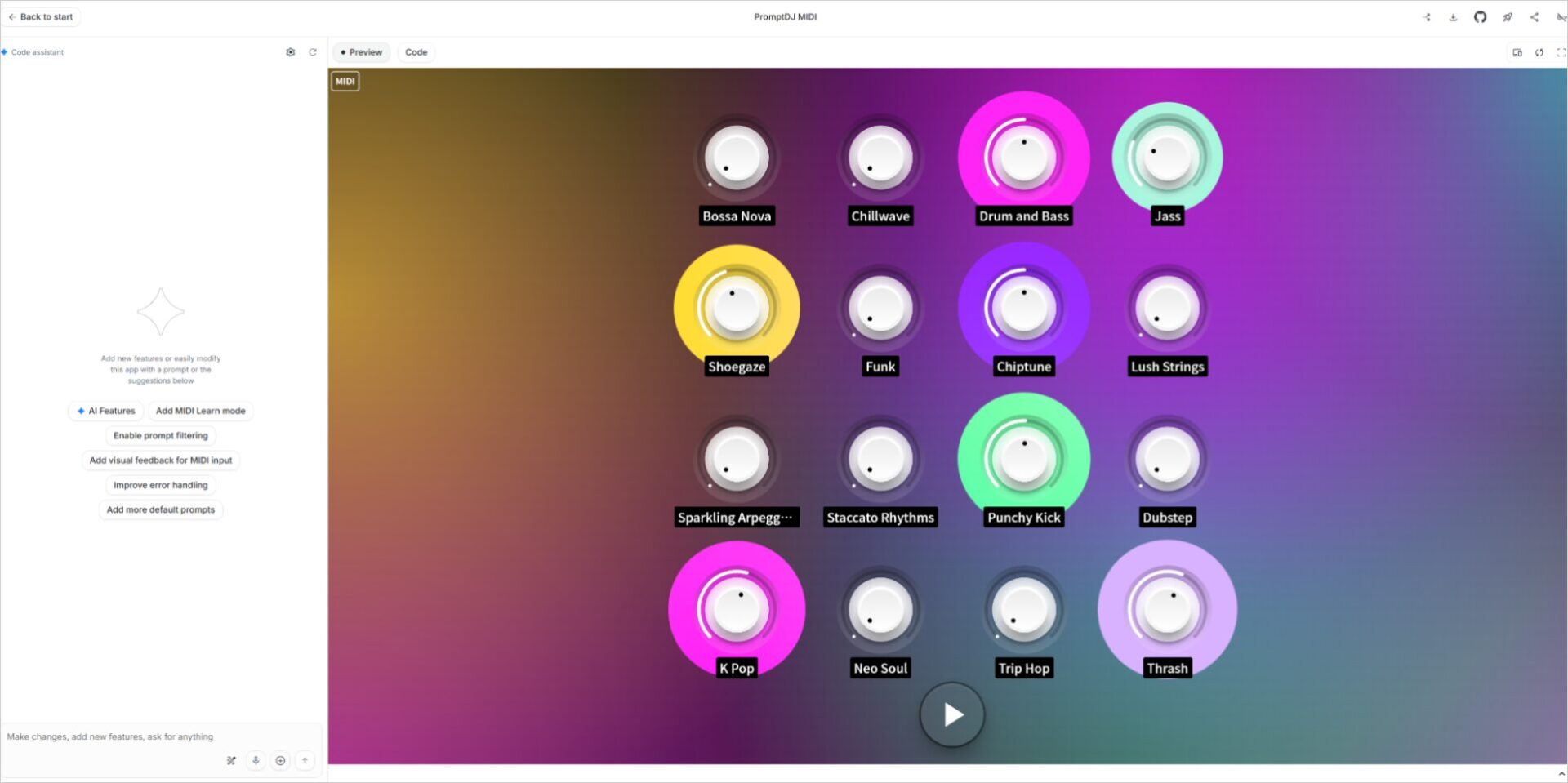 PromptDJ MIDIのノブ操作画面。Funk・Chillwave・Drum and Bass・Shoegazeなど複数のジャンルノブが表示された状態
