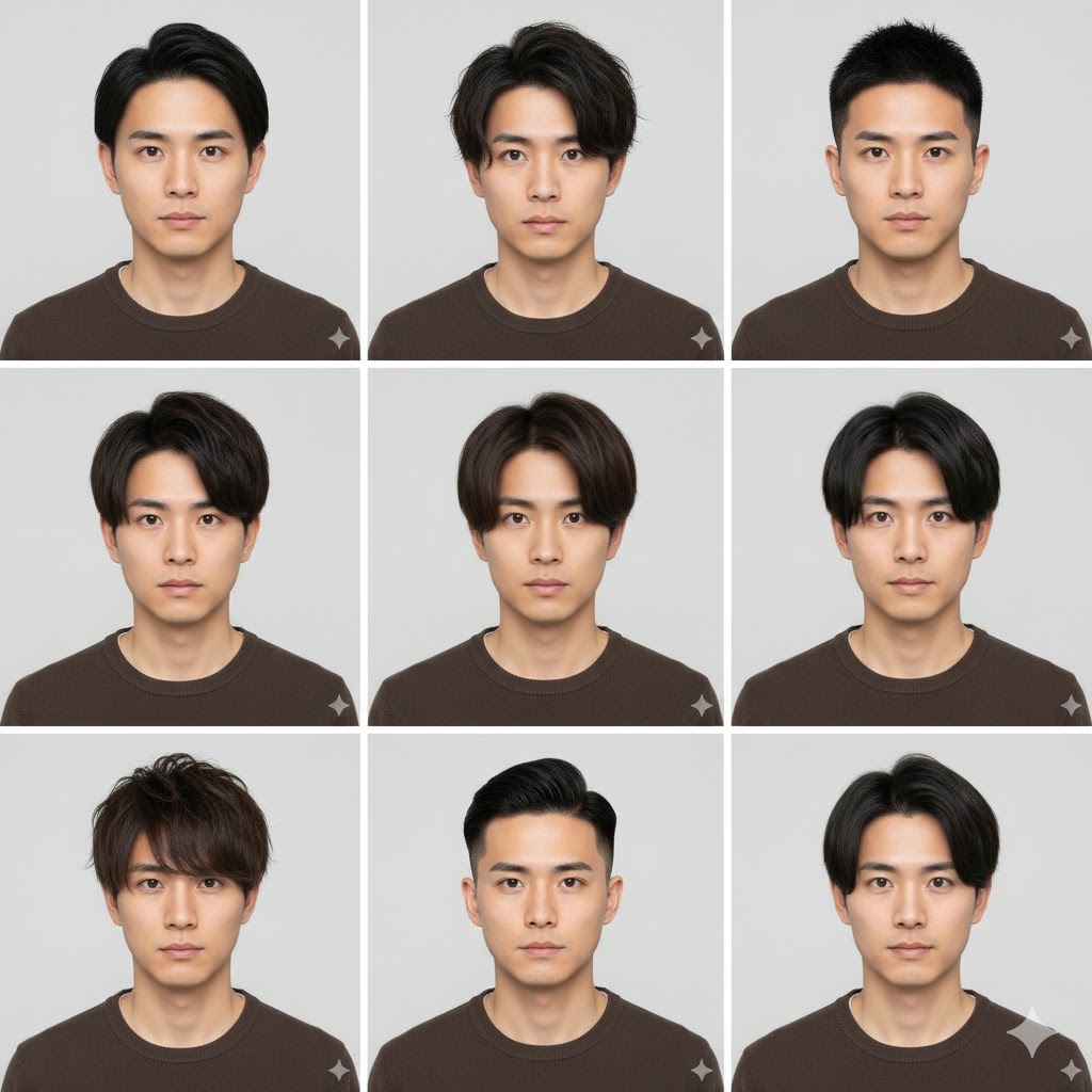 Geminiで複数の髪型を一覧で生成した結果：男性のヘアスタイル9種類を網羅したカタログ画像