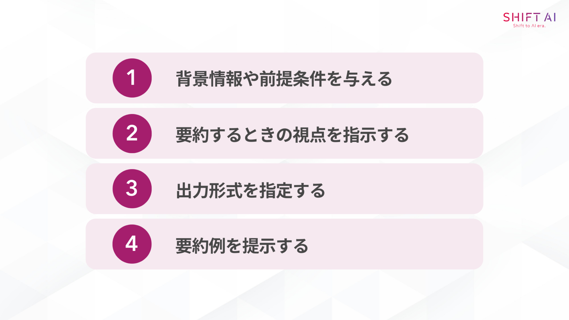 ChatGPTで要約精度を高める4つのコツ(背景情報や前提条件を与える/要約するときの視点を指示する/出力形式を指定する/要約例を提示する)