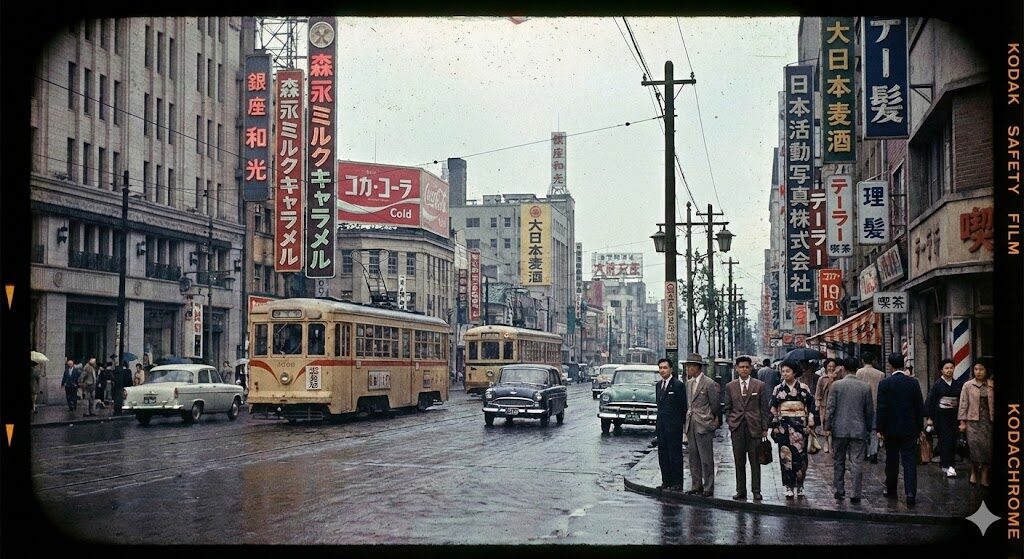 Nano Banana Proで生成した昭和の銀座。旧モデルと比較し、光の質感や細部の描写能力の違いを確認できる。