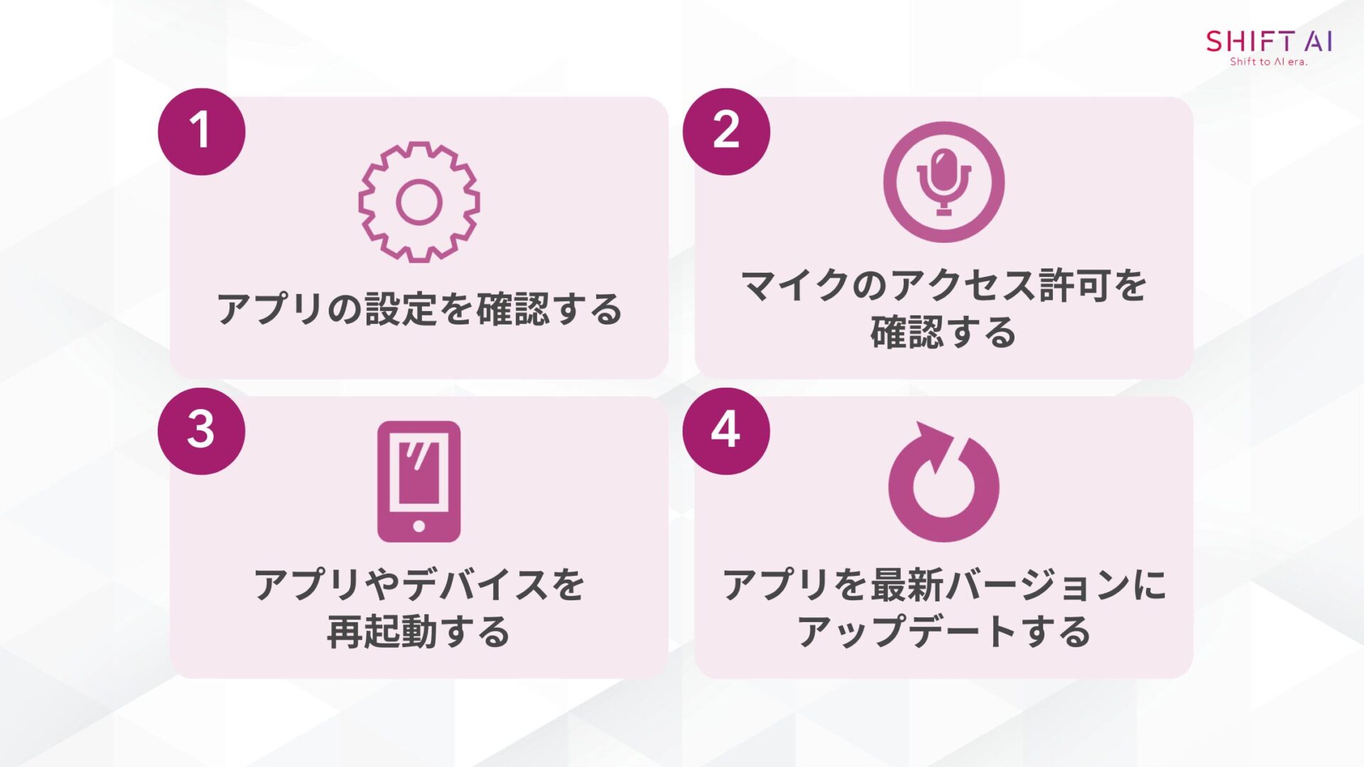 音声入力ができないときの対処法(アプリの設定を確認するマイクのアクセス許可を確認するアプリやデバイスを再起動するアプリを最新バージョンにアップデートする)