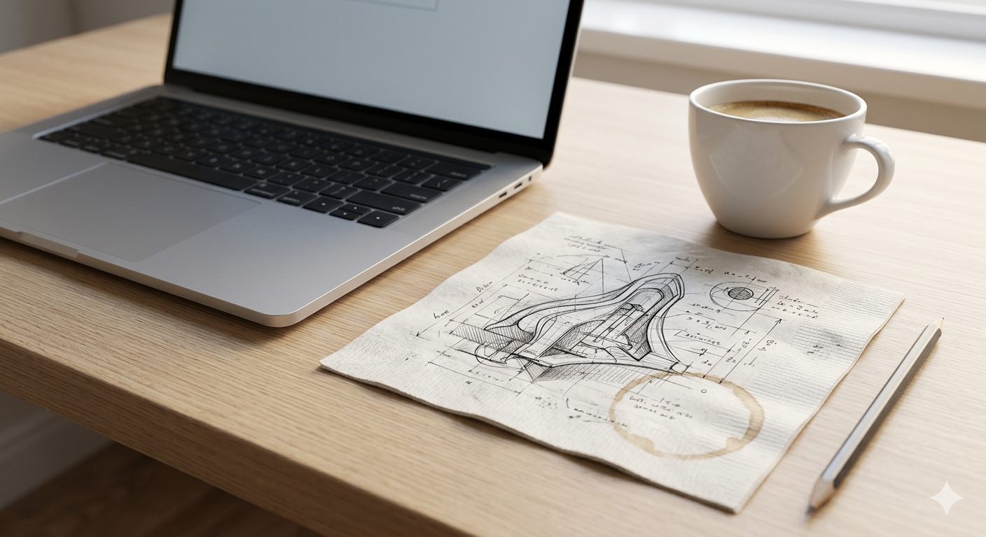 PCの横に置かれた図面入りの紙ナプキン。ブログのアイキャッチに活用できるNano Banana Proの生成例。