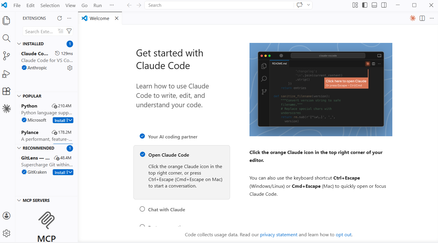 Claude Code拡張機能インストール後の「Get started with Claude Code」ウォークスルー画面。Open Claude Codeボタンとチャット開始手順が表示されている