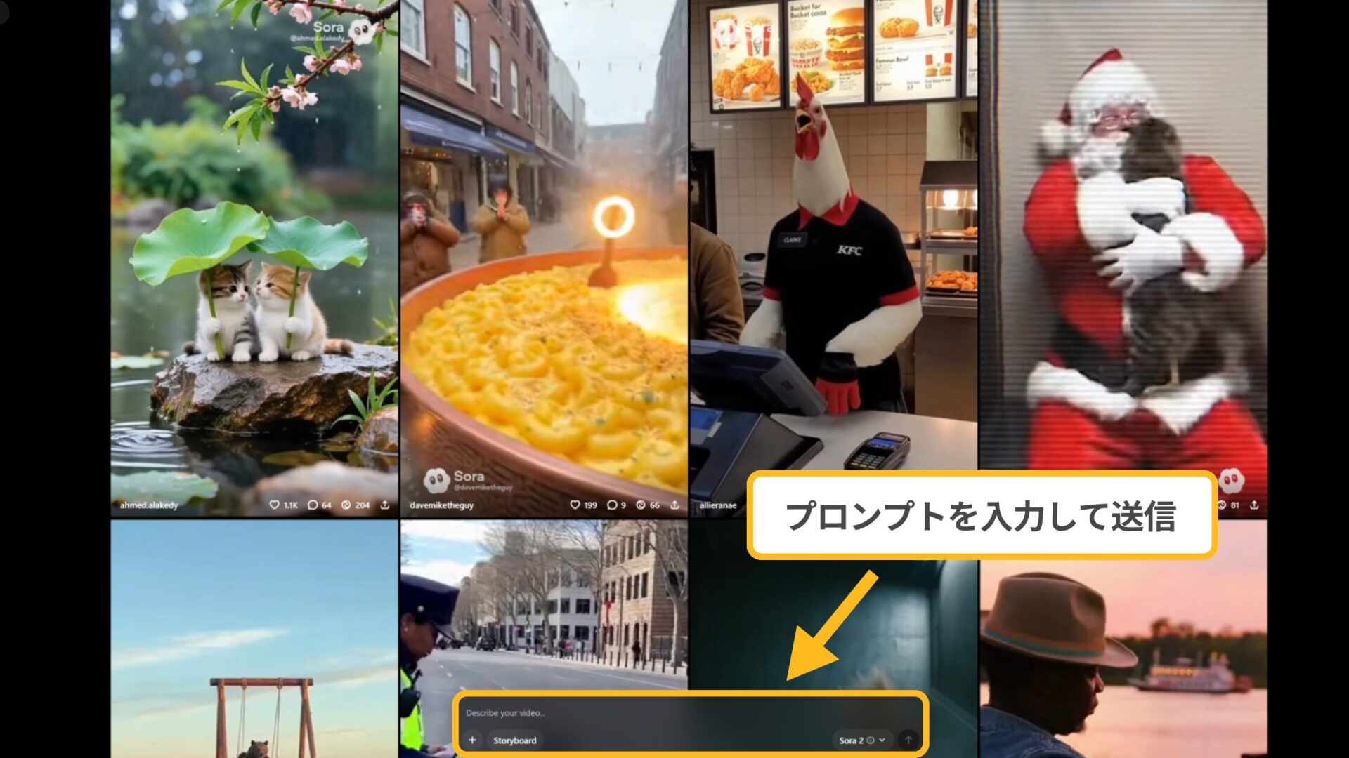 Sora2の操作画面：画面下部の入力欄にアニメ動画生成のプロンプトを入力して送信する