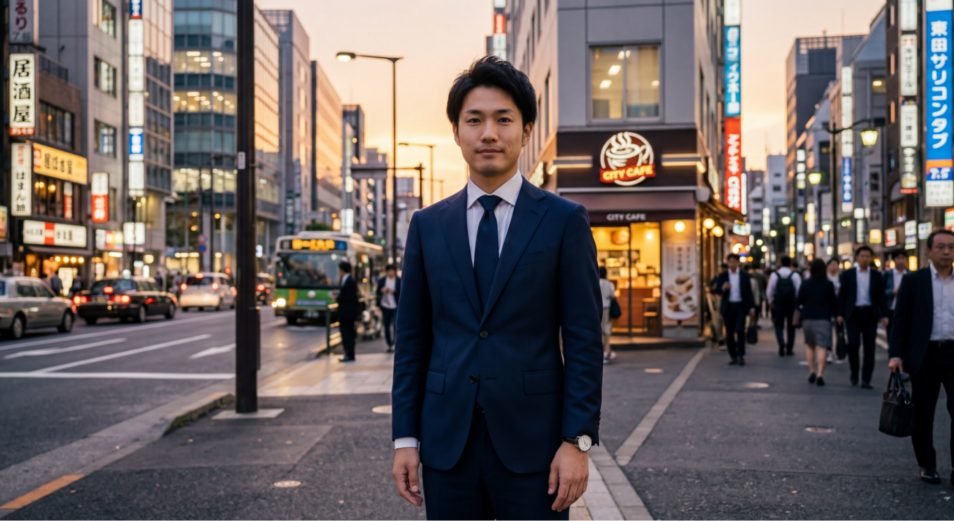Nano Banana 2の生成一貫性。同一人物の特徴を保ったまま、都会の夕暮れ時を背景にスーツ姿へと服装を変更。