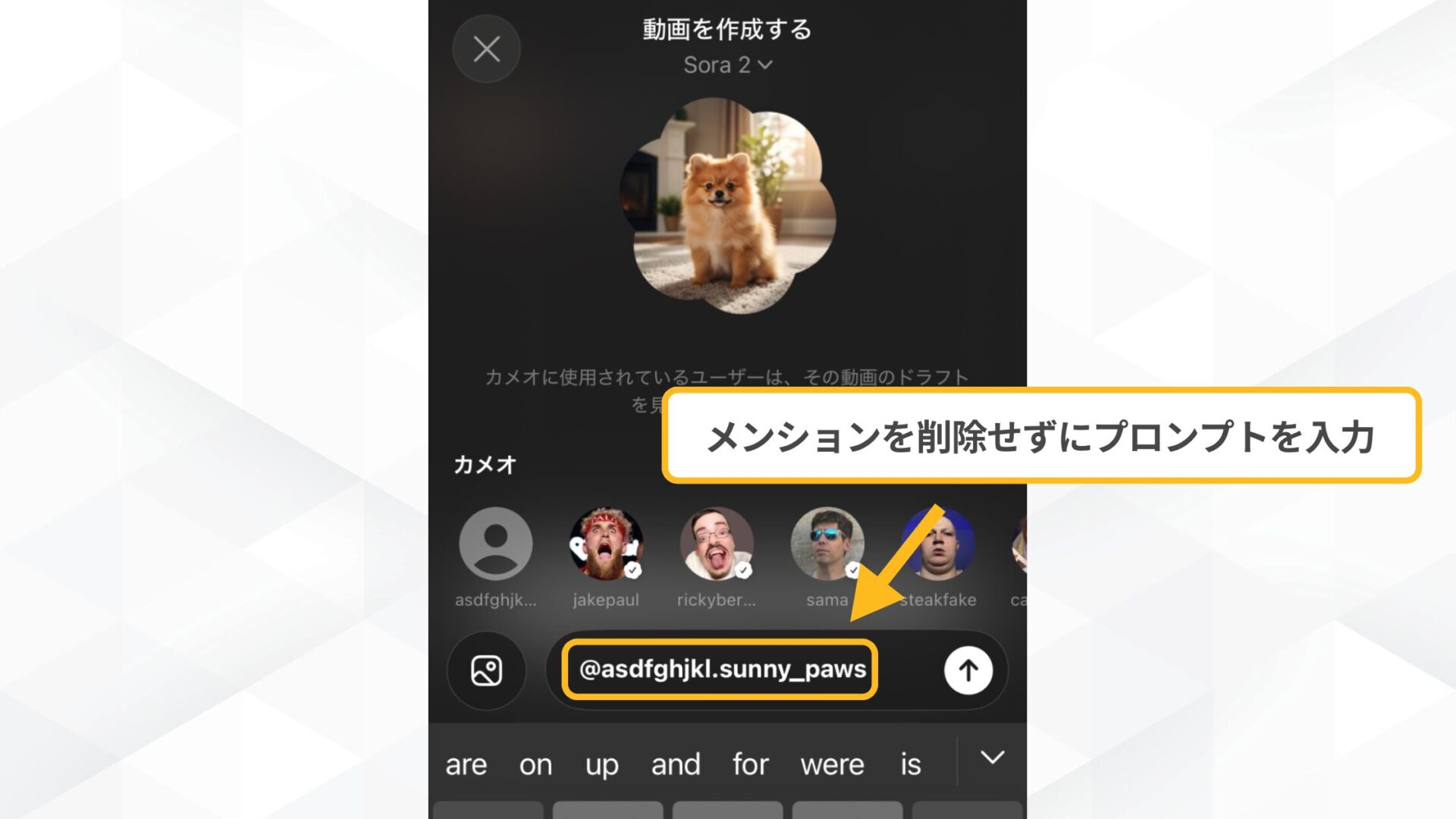 Sora2(Soraアプリ)のキャラクターカメオ機能に登録したキャラクターで動画を作成し始める画面のスクリーンショット