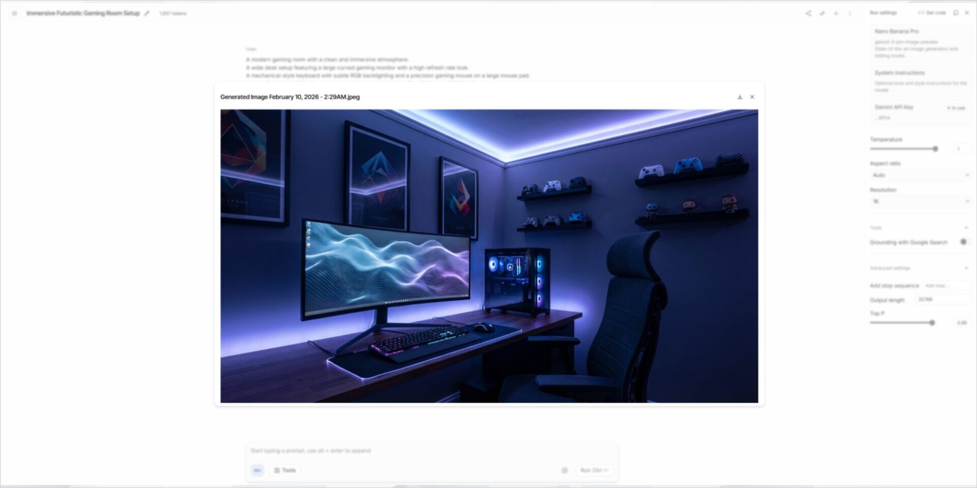 Nano Banana Proで生成されたゲーミングルームの画像がPlayground画面に表示された状態