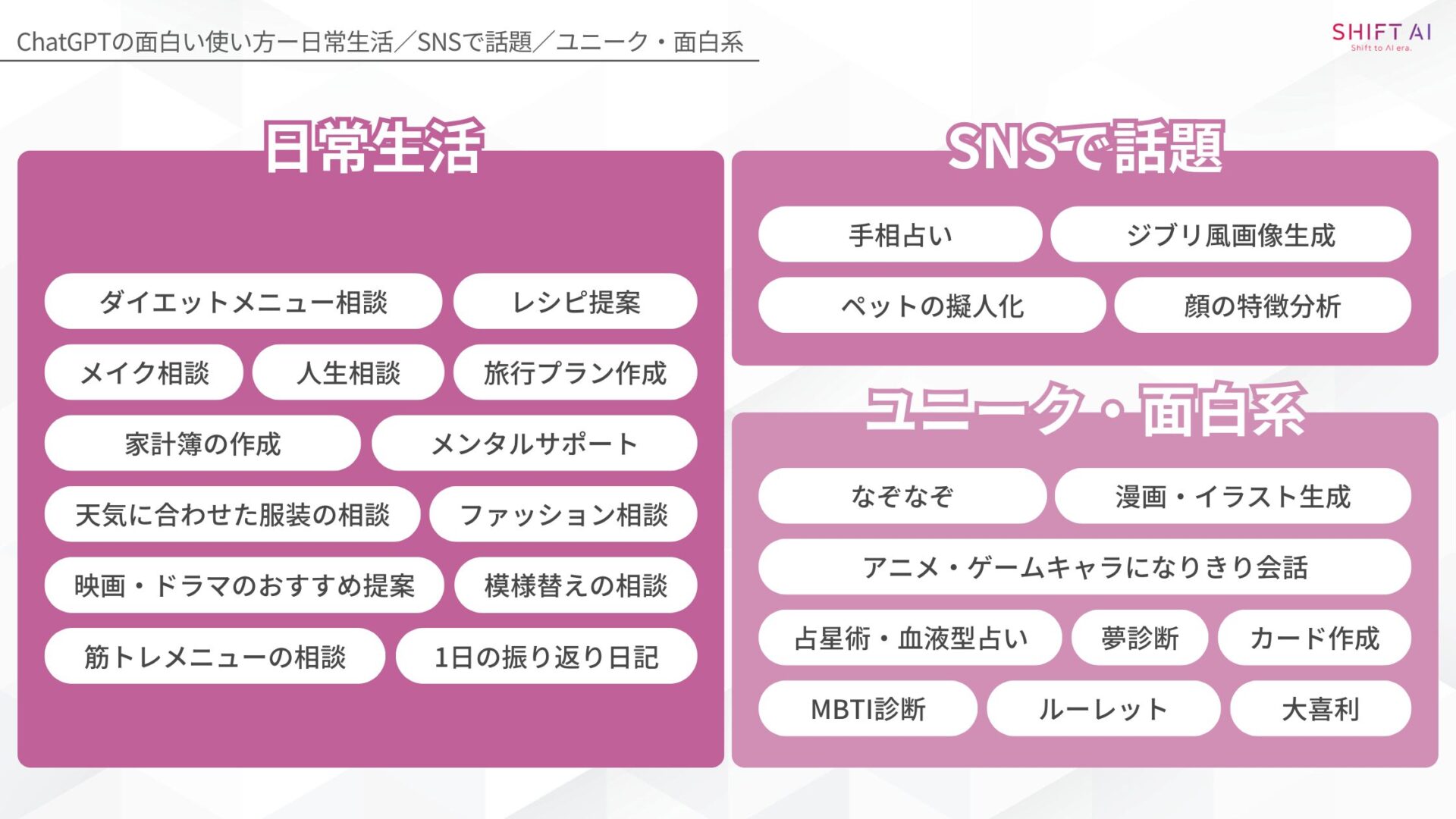 【ジャンル別】ChatGPTの面白い使い方26選!(【日常生活】ダイエットメニュー相談/【日常生活】メイク相談/【日常生活】レシピ提案/【日常生活】人生相談/【日常生活】旅行プラン作成/【日常生活】家計簿の作成/【日常生活】メンタルサポート/【日常生活】天気に合わせた服装の相談/【日常生活】ファッション相談/【日常生活】映画・ドラマのおすすめ提案/【日常生活】模様替えの相談/【日常生活】筋トレメニューの相談/【日常生活】1日の振り返り日記/【SNSで話題】手相占い/【SNSで話題】ジブリ風画像生成/【SNSで話題】ペットの擬人化/【SNSで話題】顔の特徴分析/【ユニーク・面白系】なぞなぞ/【ユニーク・面白系】漫画・イラスト生成/【ユニーク・面白系】アニメ・ゲームキャラになりきり会話/【ユニーク・面白系】占星術・血液型占い/【ユニーク・面白系】夢診断/【ユニーク・面白系】カード作成/【ユニーク・面白系】MBTI診断/【ユニーク・面白系】ルーレット/【ユニーク・面白系】大喜利)