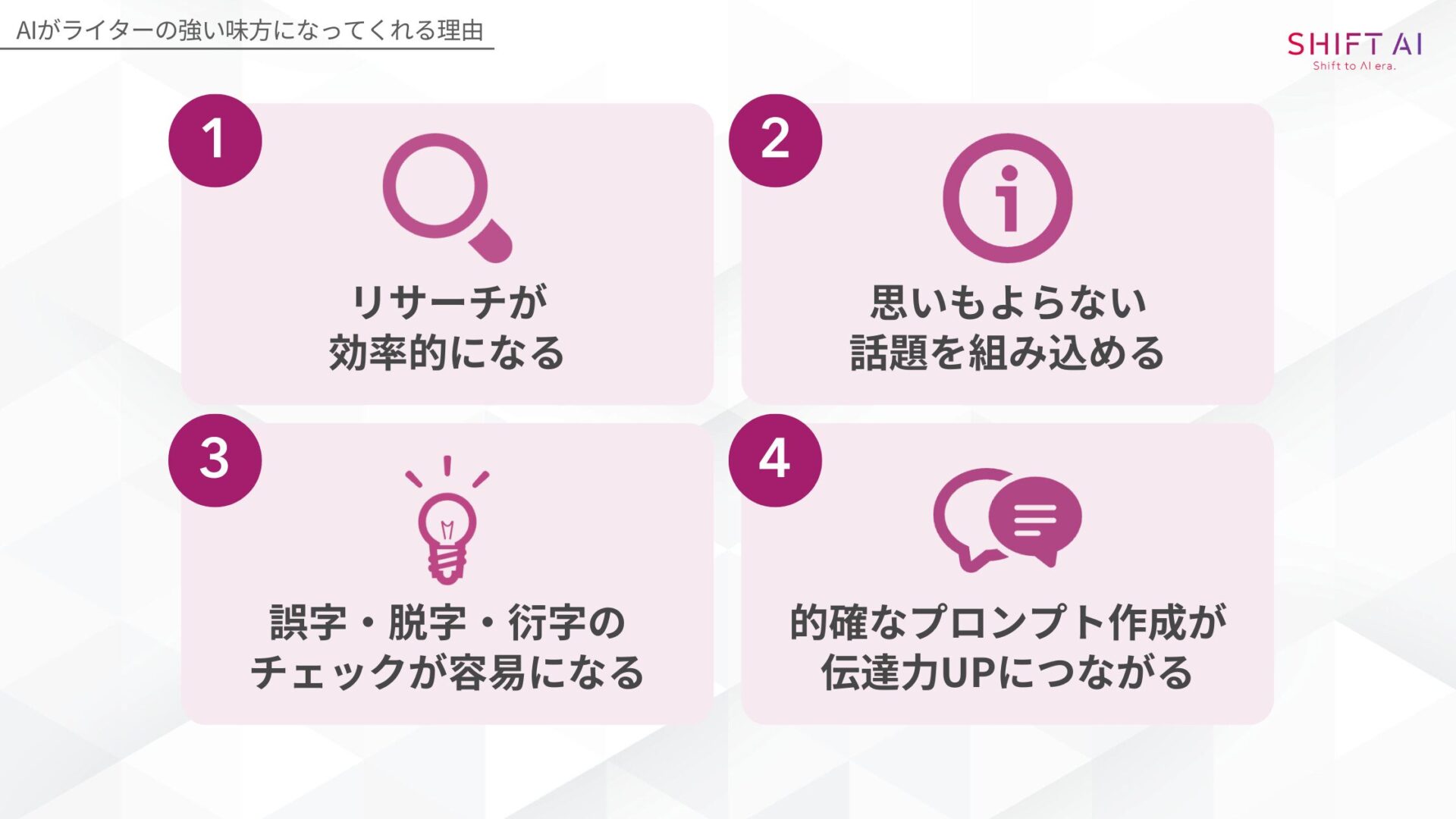 AIの登場は危機ではなくライターの好機と捉えるべき(リサーチが効率的になる/思いもよらない話題を組み込める/誤字・脱字・衍字のチェックが容易になる/的確なプロンプト作成が伝達力UPにつながる)