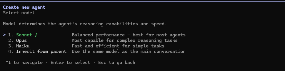 Claude Codeのサブエージェント作成時に使用モデルをSonnet・Opus・Haiku・Inherit from parentから選択する画面