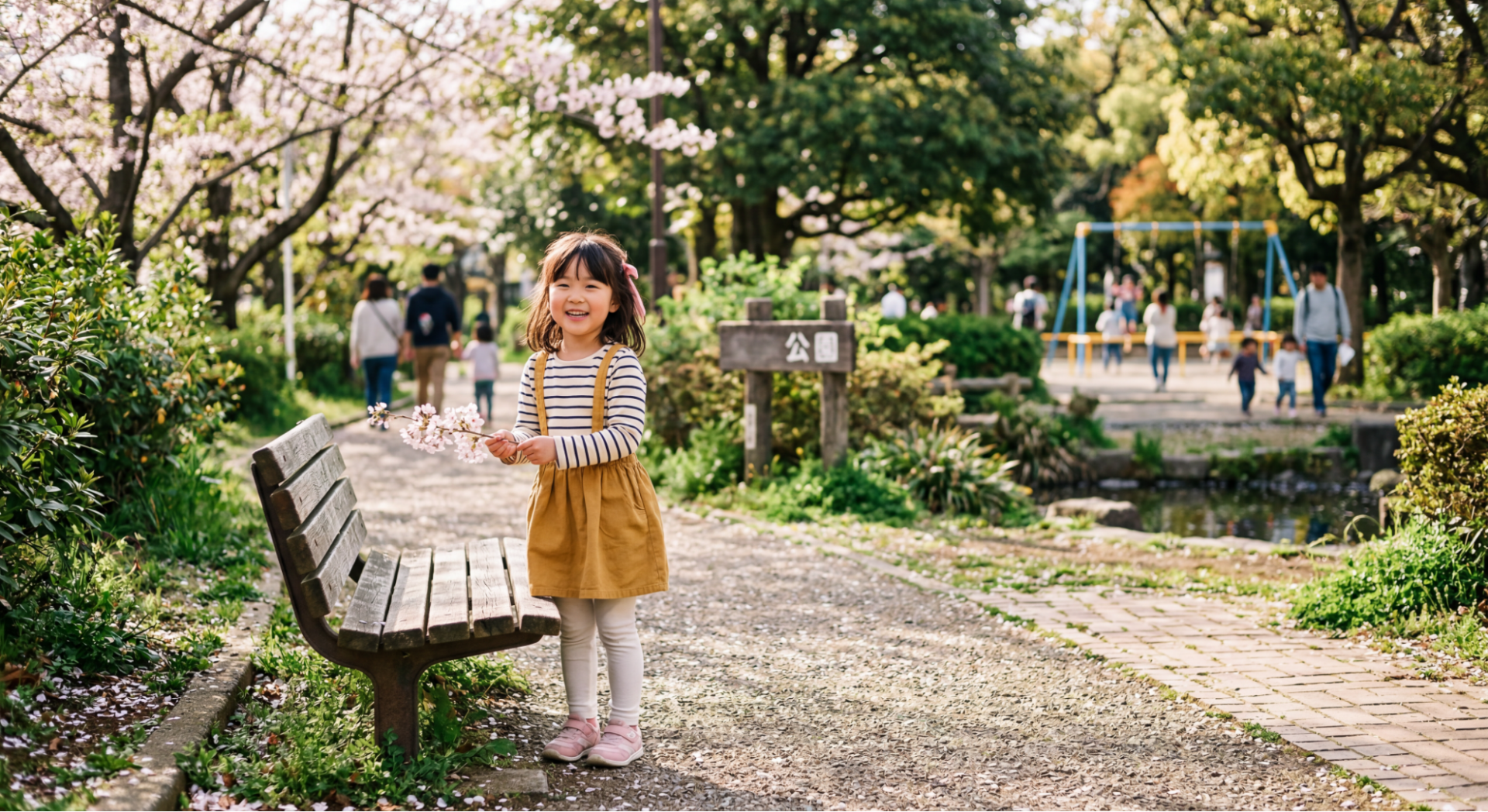 桜並木の公園で微笑む幼い女の子。Nano Banana 2へ構造化せずに短い指示で生成した画像例。
