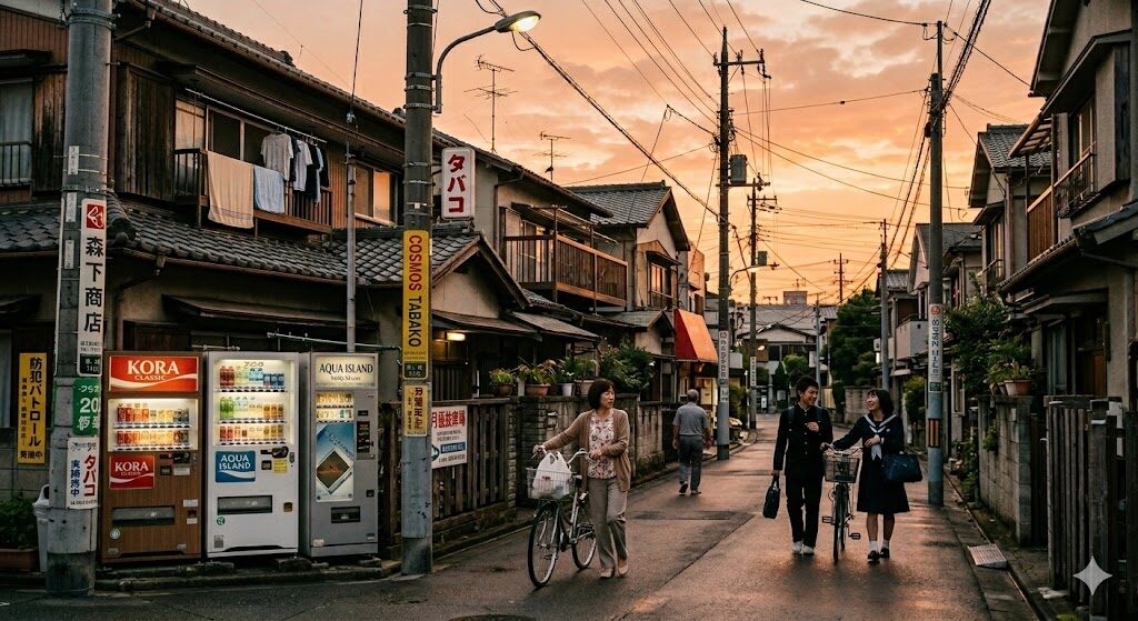 夕暮れ時の日本の住宅街。Nano Banana 2のThinkingモードにより、看板や自販機の細部まで緻密に再現。