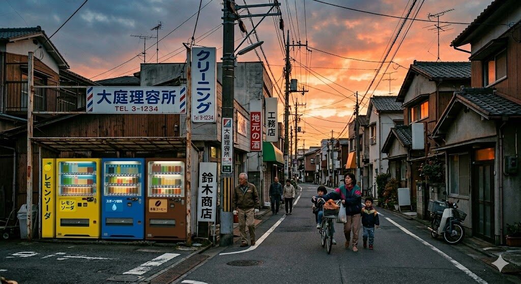 夕焼け空の下、帰路につく人々。Nano Banana 2の通常モードで生成した、情感豊かな街並みの描写。