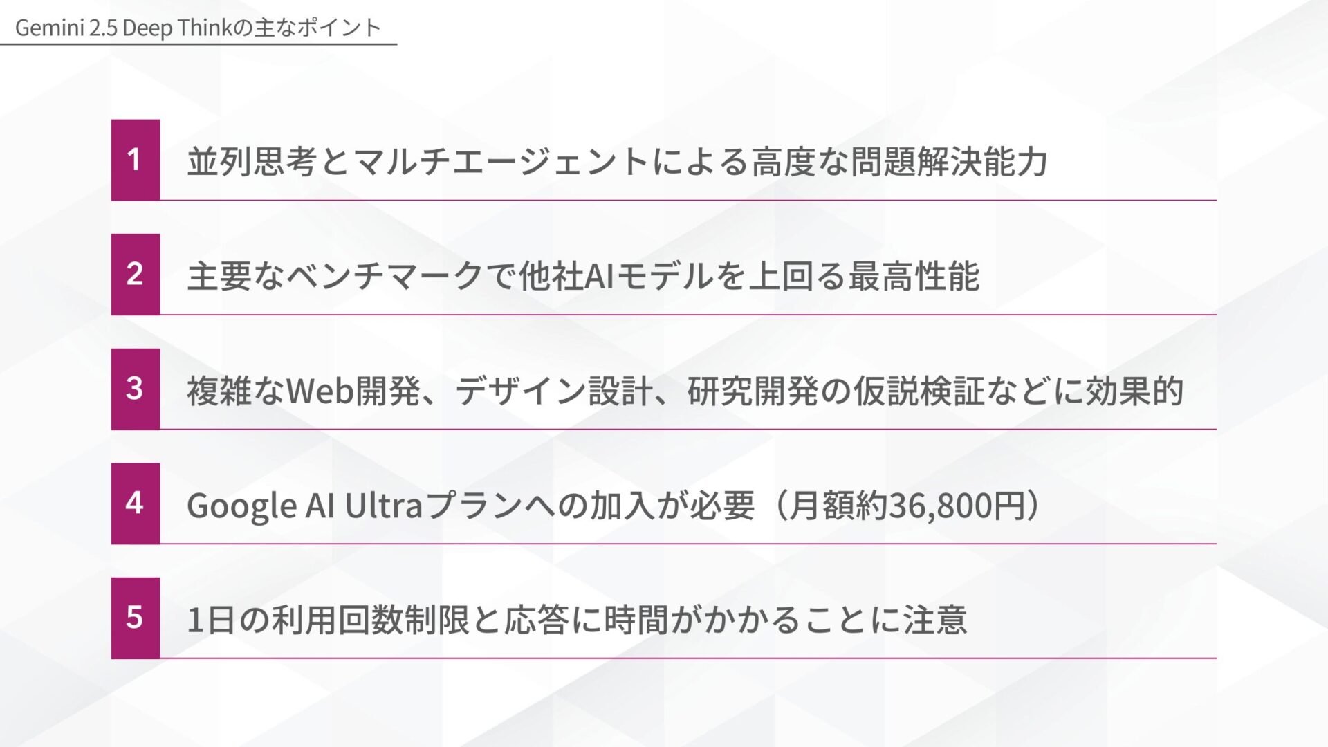 Gemini 2.5 Deep Thinkの主なポイント(並列思考とマルチエージェントによる高度な問題解決能力/主要なベンチマークで他社AIモデルを上回る最高性能/複雑なWeb開発、デザイン設計、研究開発の仮説検証などに効果的/Google AI Ultraプランへの加入が必要（月額約36,800円）/1日の利用回数制限と応答に時間がかかることに注意)