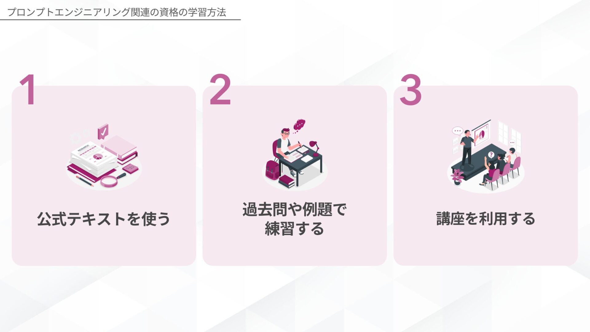 プロンプトエンジニアリング関連の資格の学習方法(公式テキストを使う/過去問や例題で練習する/講座を利用する)