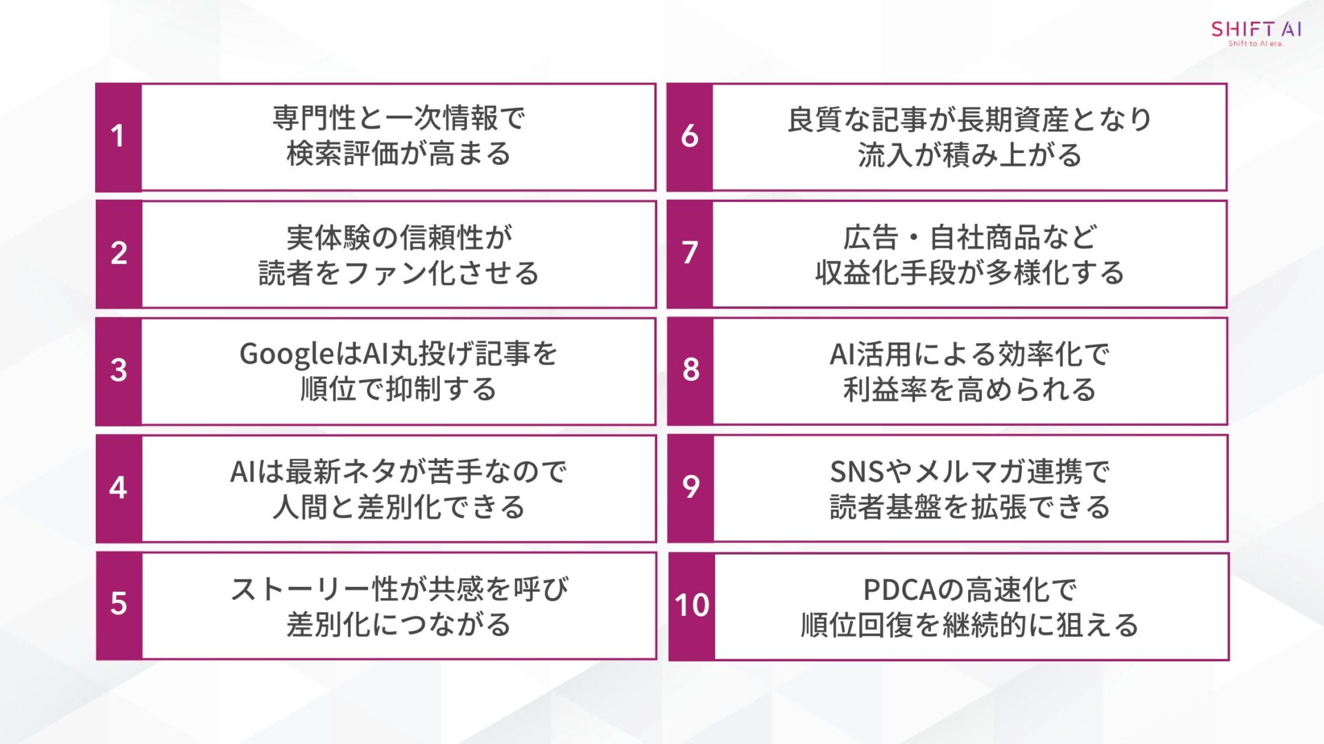 ブログがオワコンではない10の理由(専門性と一次情報で検索評価が高まる/実体験の信頼性が読者をファン化させる/GoogleはAI丸投げ記事を順位で抑制する/AIは最新ネタが苦手なので人間と差別化できる/ストーリー性が共感を呼び差別化につながる/良質な記事が長期資産となり流入が積み上がる/広告・自社商品など収益化手段が多様化する/AI活用による効率化で利益率を高められる/SNSやメルマガ連携で読者基盤を拡張できる/PDCAの高速化で順位回復を継続的に狙える)