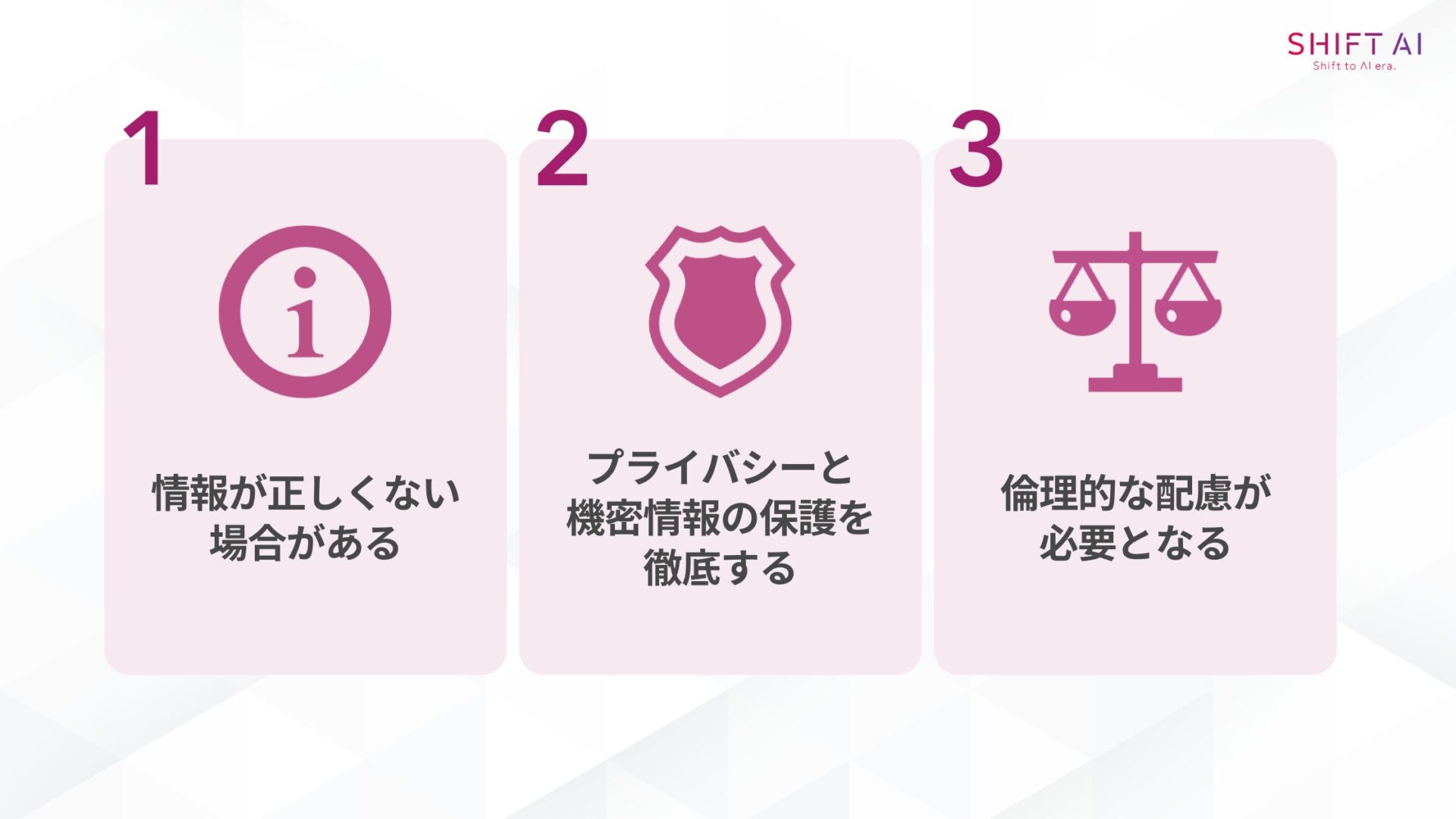 生成AIを仕事で活用する際の3つの注意点（情報が正しく無い場合がある/プライバシーと機密情報の保護を徹底する/倫理的な配慮が必要となる）