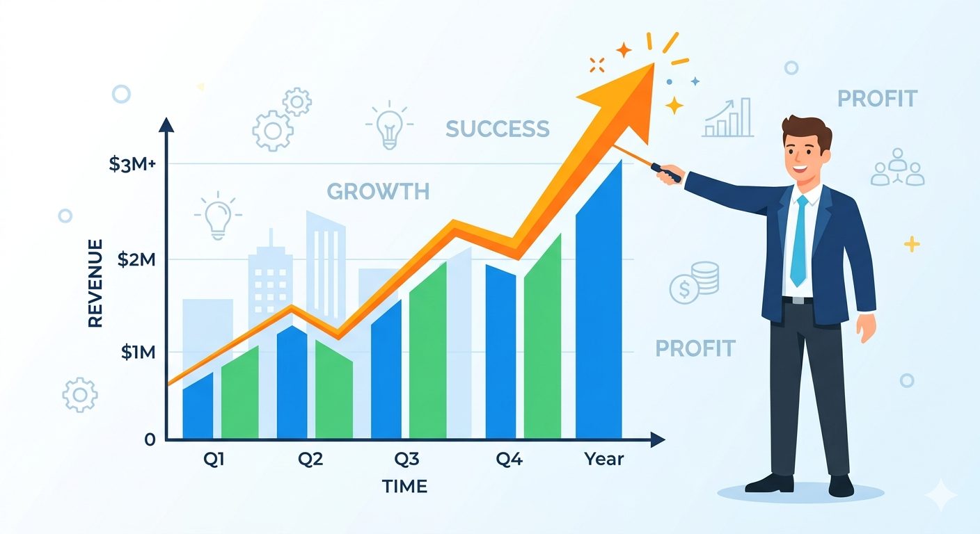 成長グラフを指差すビジネスパーソン。プレゼン資料を彩る、Nano Banana Proのクリーンな挿絵イラスト。