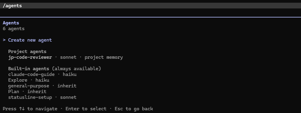 Claude Codeの/agents画面でカスタムエージェント「jp-code-reviewer」作成後の一覧。Project agentsとBuilt-in agentsが表示されている