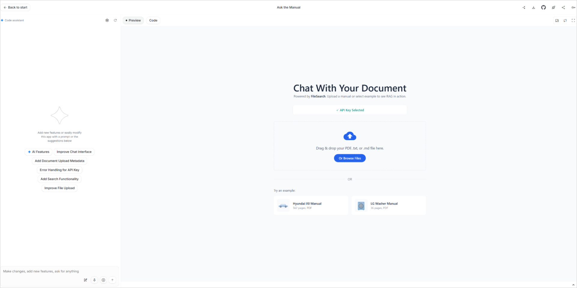 「Ask the Manual」テンプレートのAPIキー設定完了後、PDFファイルをアップロードできる画面