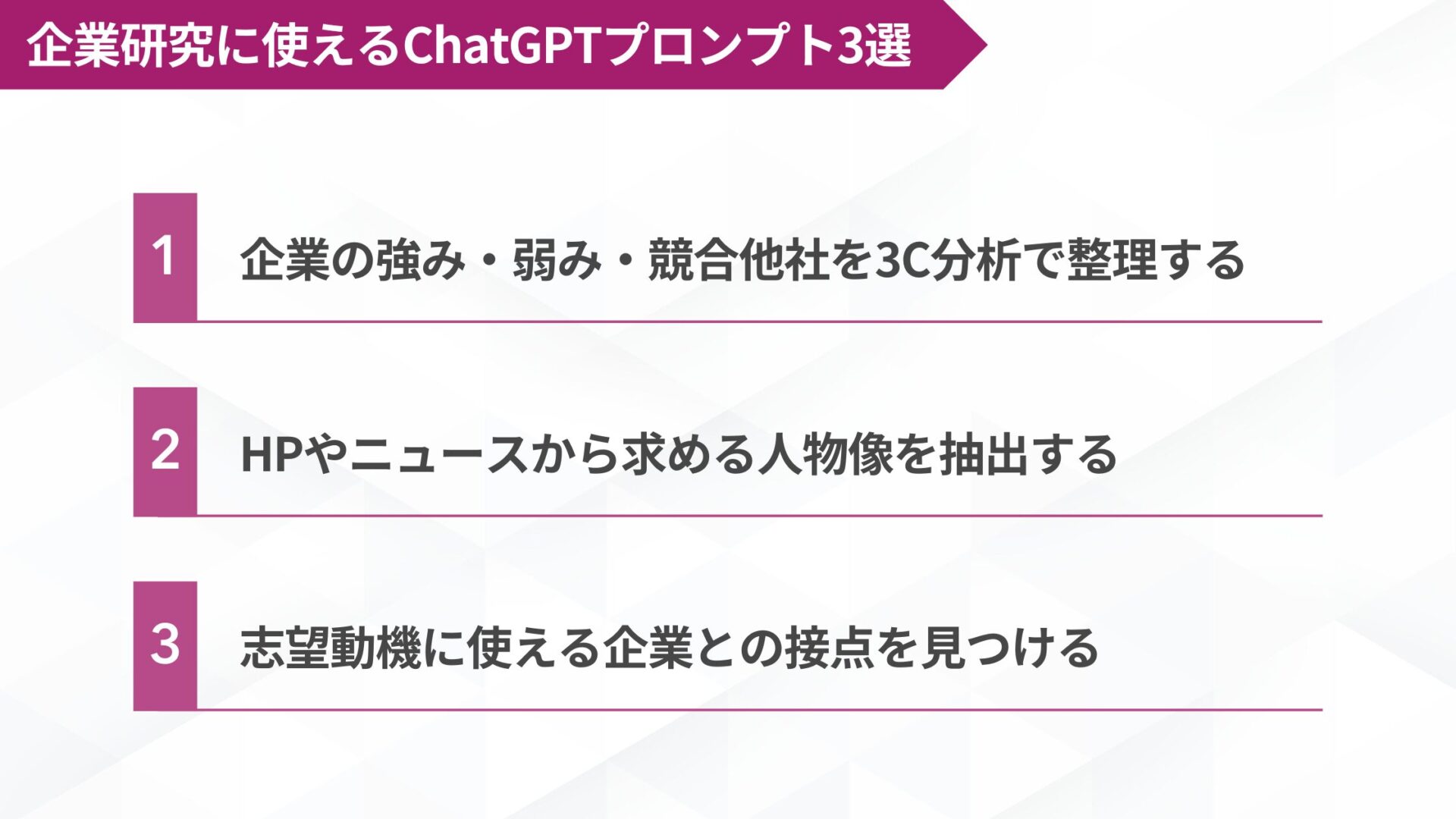 企業研究に使えるChatGPTプロンプト3選：1.企業の強み・弱み・競合他社を3C分析で整理する、2.HPやニュースから求める人物像を抽出する、3.志望動機に使える企業との接点を見つける
