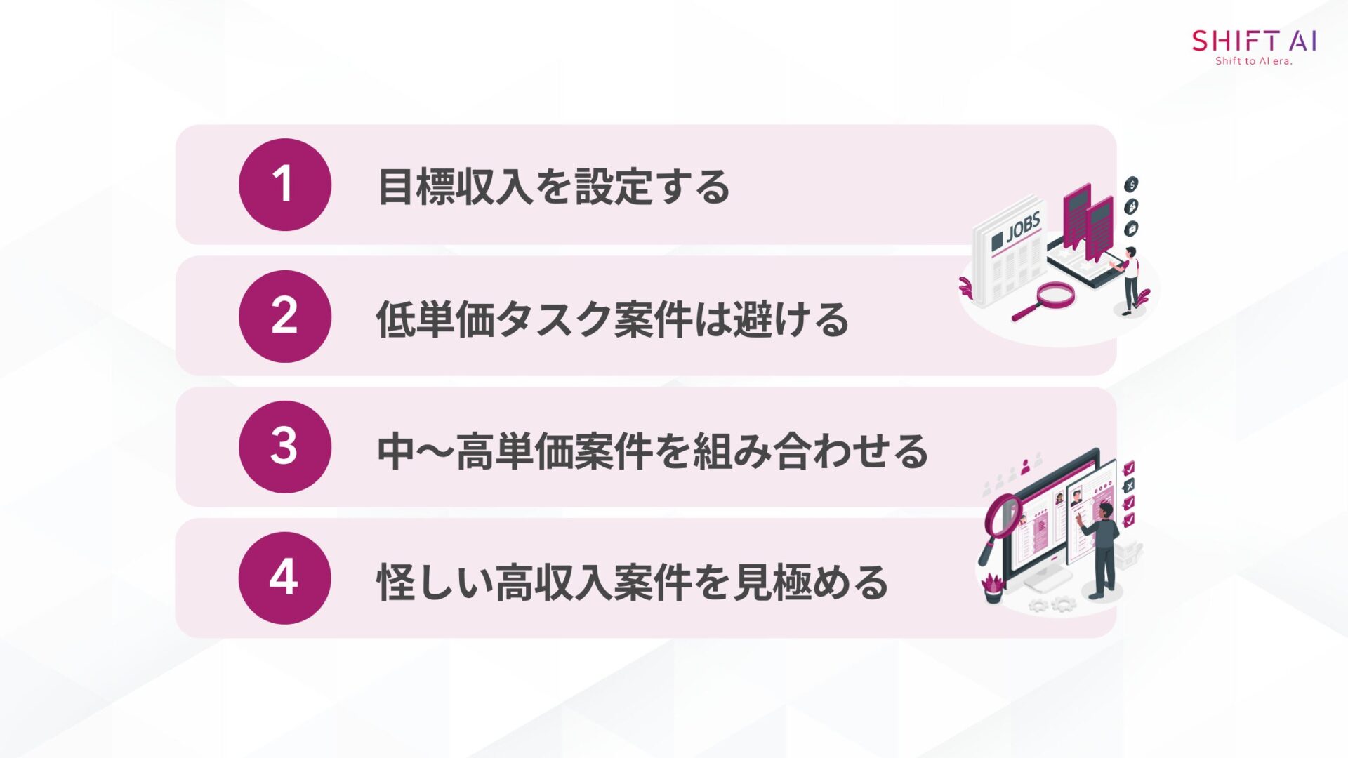 月5万円を最短で稼ぐ!案件選びの4つのポイント(目標収入を設定する/低単価タスク案件は避ける/中~高単価案件を組み合わせる/怪しい高収入案件を見極める)