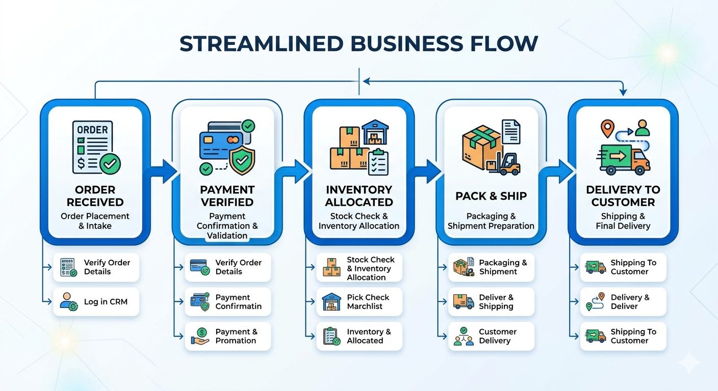 受注から配送までの業務フロー図解。Nano Banana Proで作成。ORDER RECEIVED、PACK & SHIP等の文字を正確に描写。