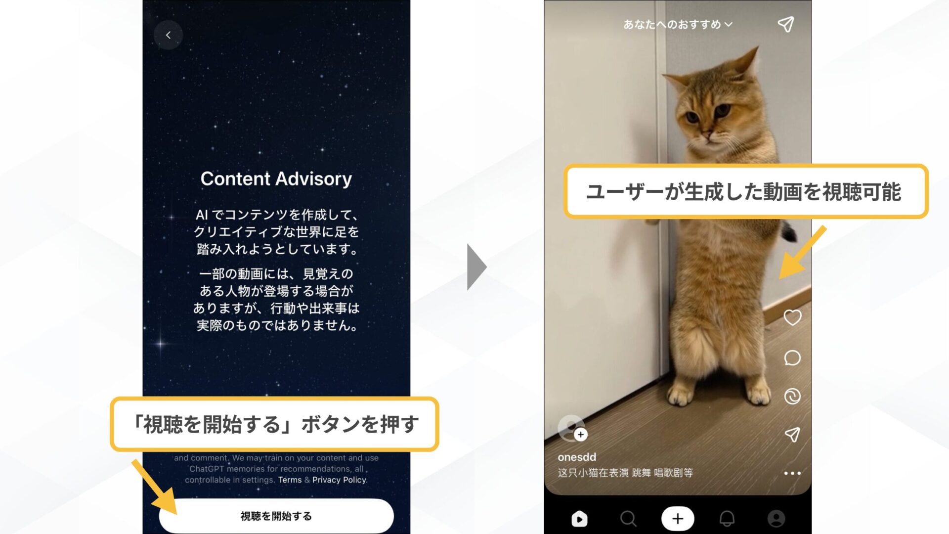 「Sora2」とSNSアプリ「Sora」の使い方(SNSアプリ「Sora」をiPhoneで使用する方法-ステップ2:ログインを行い、AI動画の鑑賞を楽しむ-ユーザーが生成した動画を視聴可能)