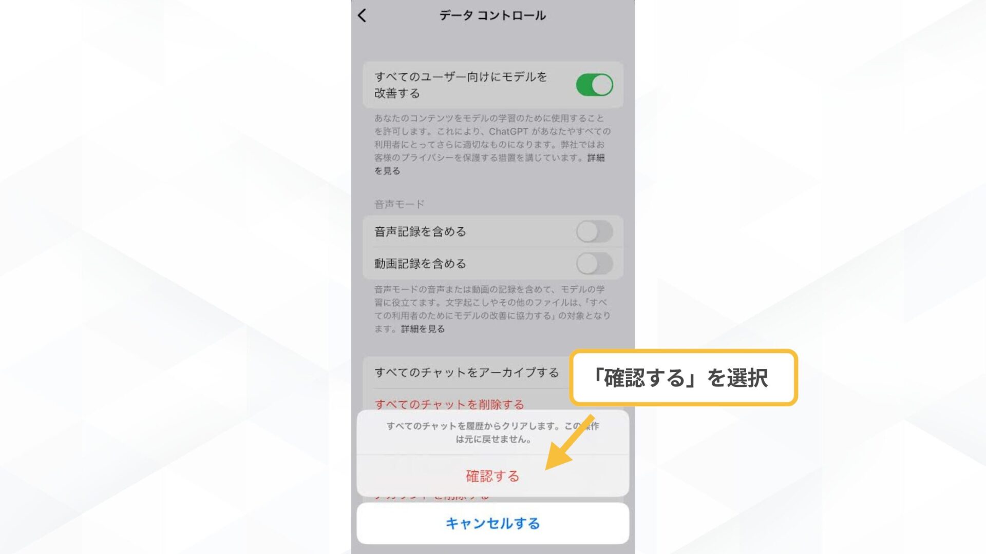 【一括で】ChatGPTの履歴削除の手順(スマホアプリ-「確認する」を選択して削除完了)