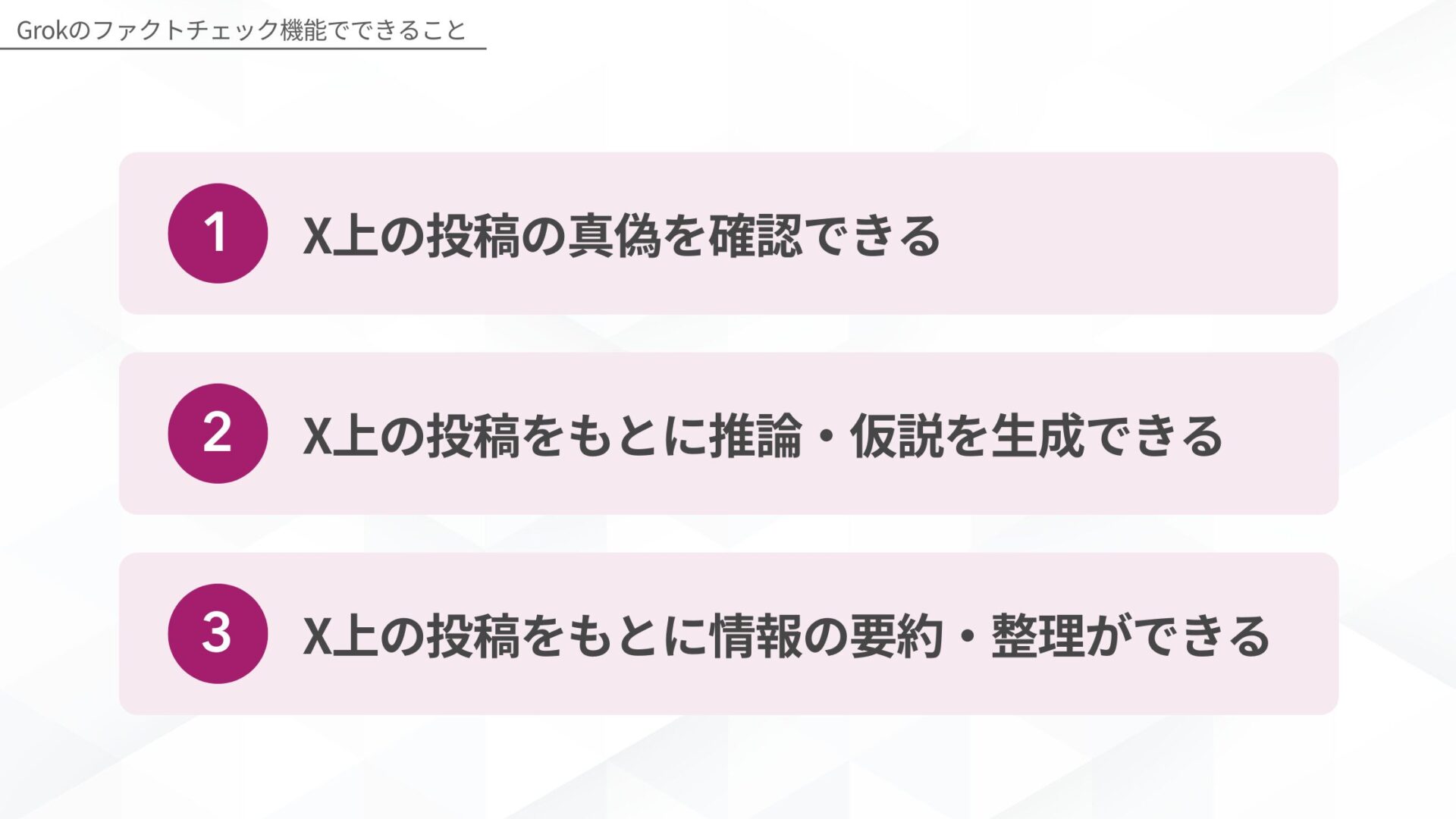 Grokのファクトチェック機能でできること(X上の投稿の真偽を確認できる/X上の投稿をもとに推論・仮説を生成できる/X上の投稿をもとに情報の要約・整理ができる)