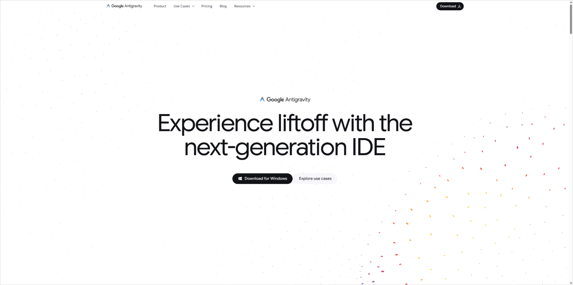 Google Antigravityの公式ページ。「Experience liftoff with the next-generation IDE」と表示
