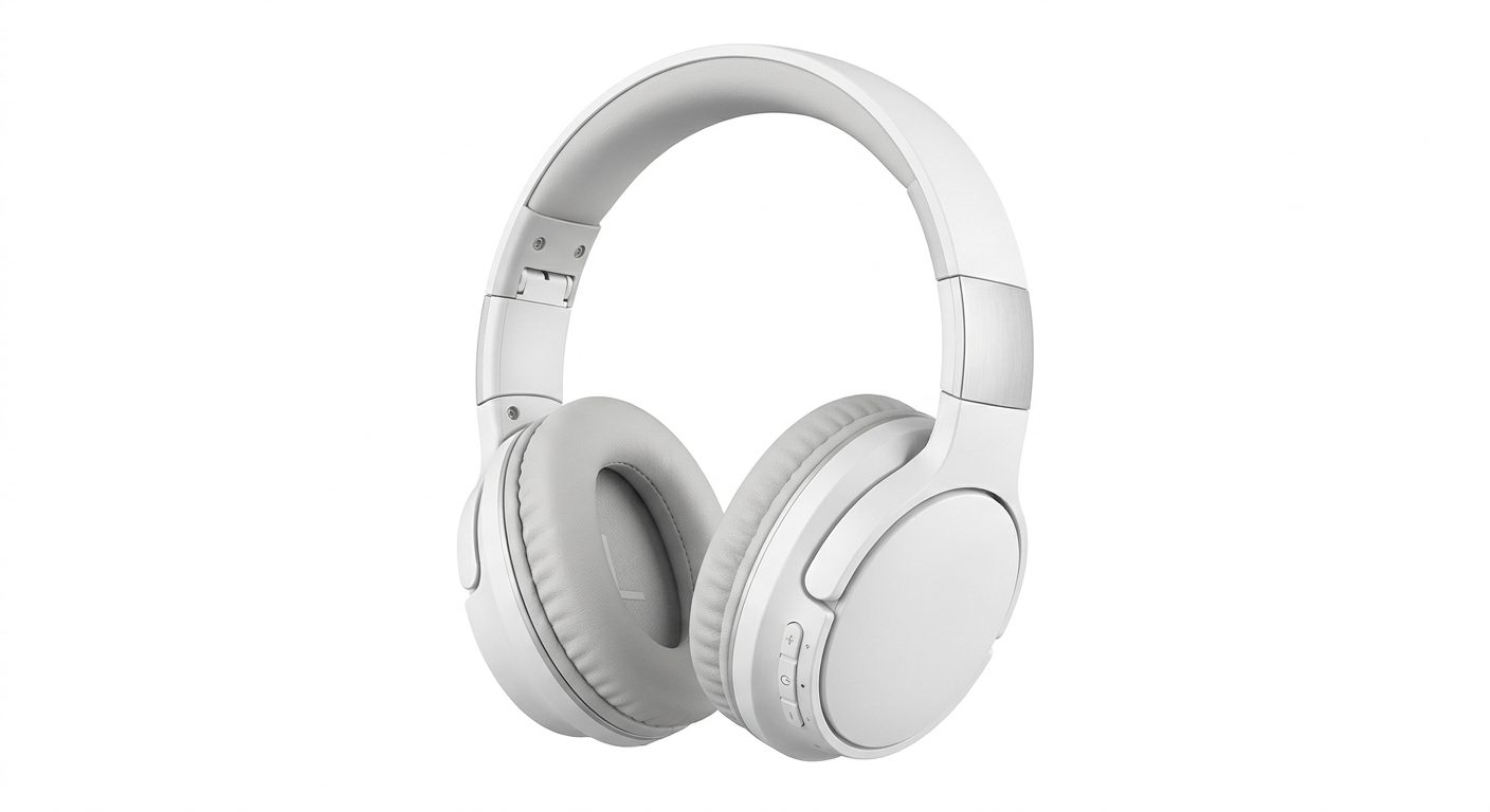 白い背景に置かれたワイヤレスヘッドホン。ECサイトを想定し、Nano Banana Proで製品の質感をリアルに表現。