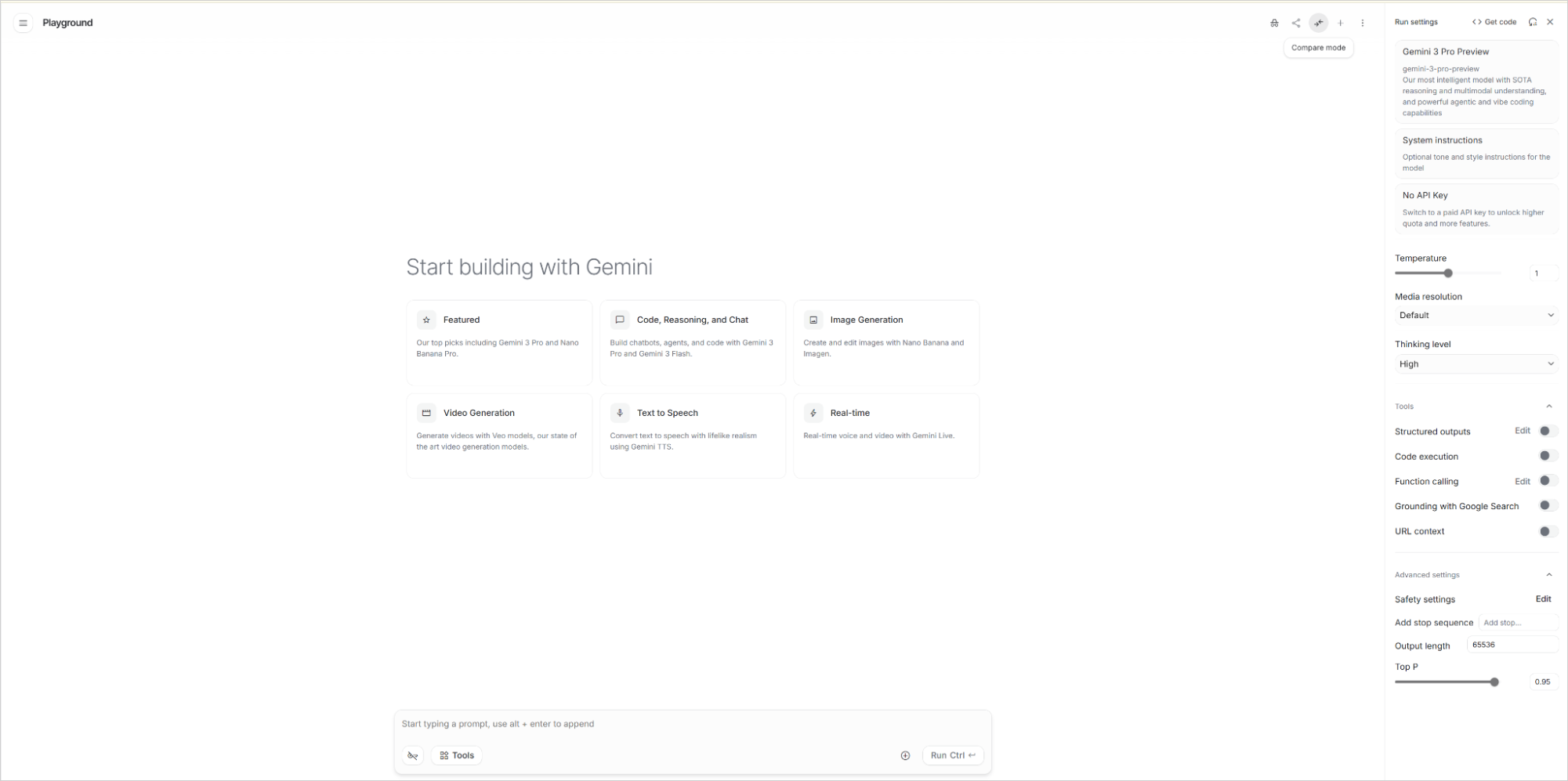 Google AI StudioのPlayground画面でCompareモードに切り替えるための画面