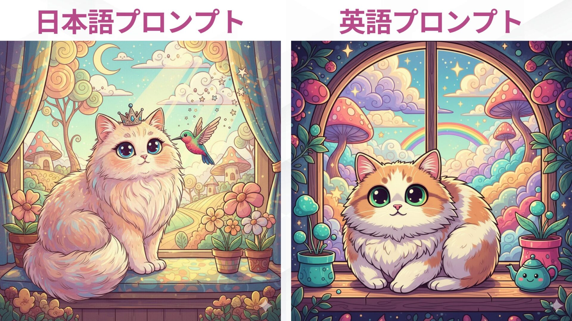 Nano Bananaで英語と日本語のプロンプトそれぞれで生成した猫の画像の比較
