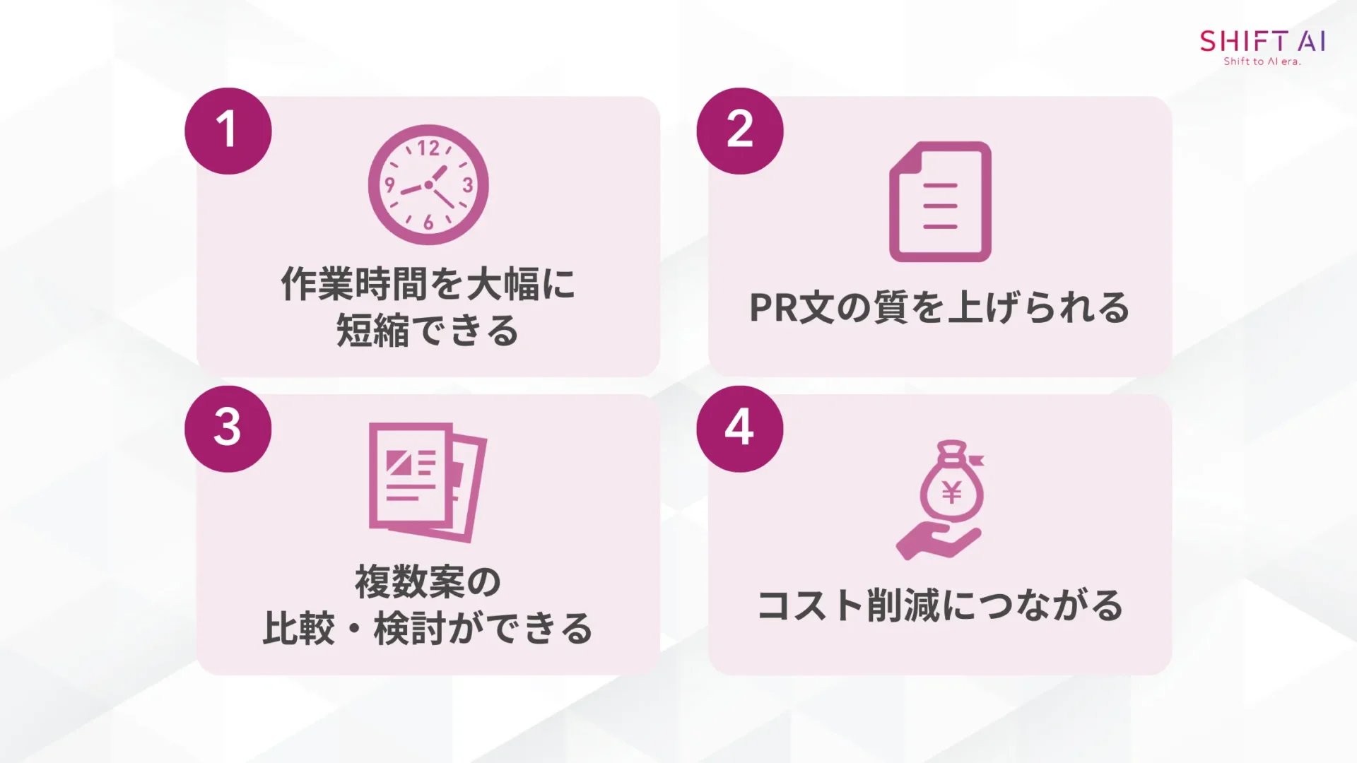 転職活動にChatGPTを取り入れる4つのメリット(作業時間を大幅に短縮できる/PR文の質を上げられる/複数案の比較・検討ができる/コスト削減につながる)