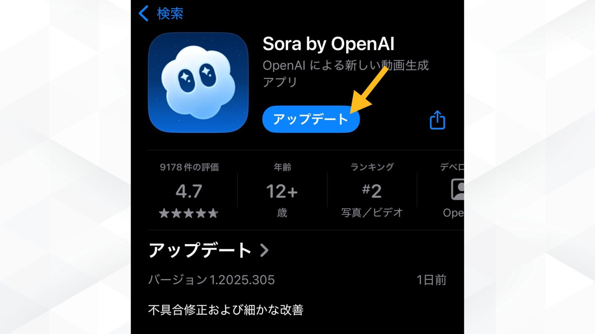 Sora2(Soraアプリ)でキャラクターカメオ機能が使えないときにアプリのアップデートを確認する画面のスクリーンショット