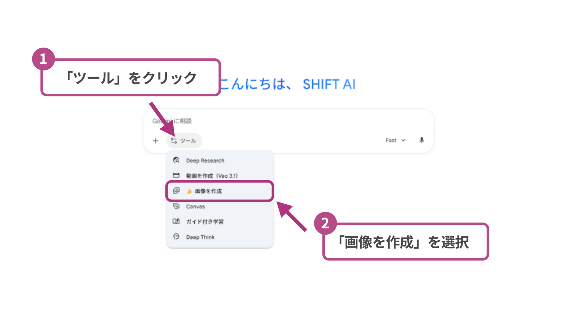 Nano Banana Proで4コマ漫画を作るとき、「ツール→画像を作成」を選択することを示す図解