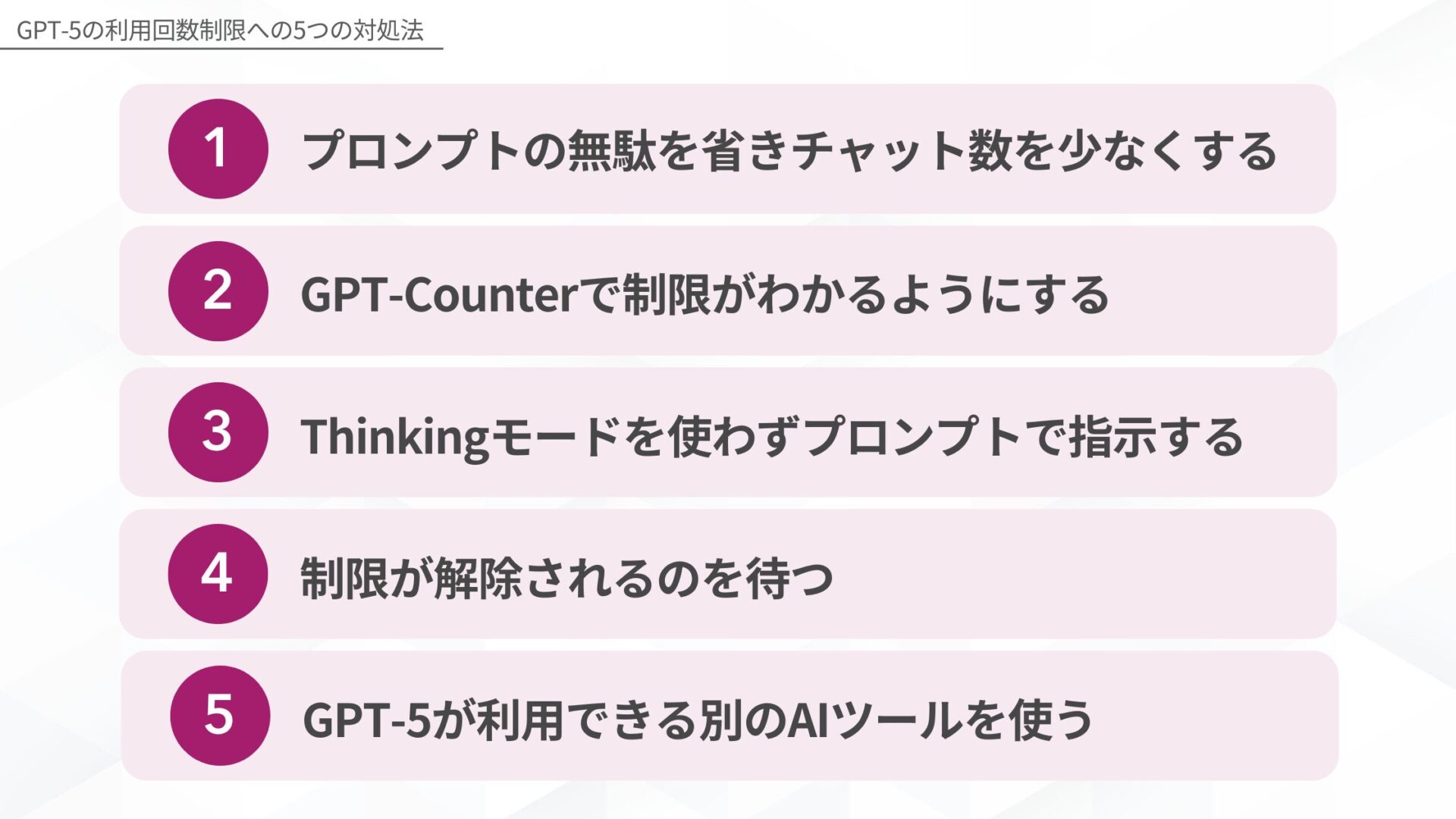 GPT-5の利用回数制限への5つの対処法(プロンプトの無駄を省きチャット数を少なくする/GPT-Counterで制限がわかるようにする/Thinkingモードを使わずプロンプトで指示する/制限が解除されるのを待つ/GPT-5が利用できる別のAIツールを使う)