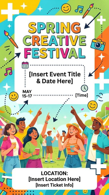 春のイベント告知用チラシデザイン。Nano Banana Proにより、明るい配色とポップなイラストで告知内容を構成。