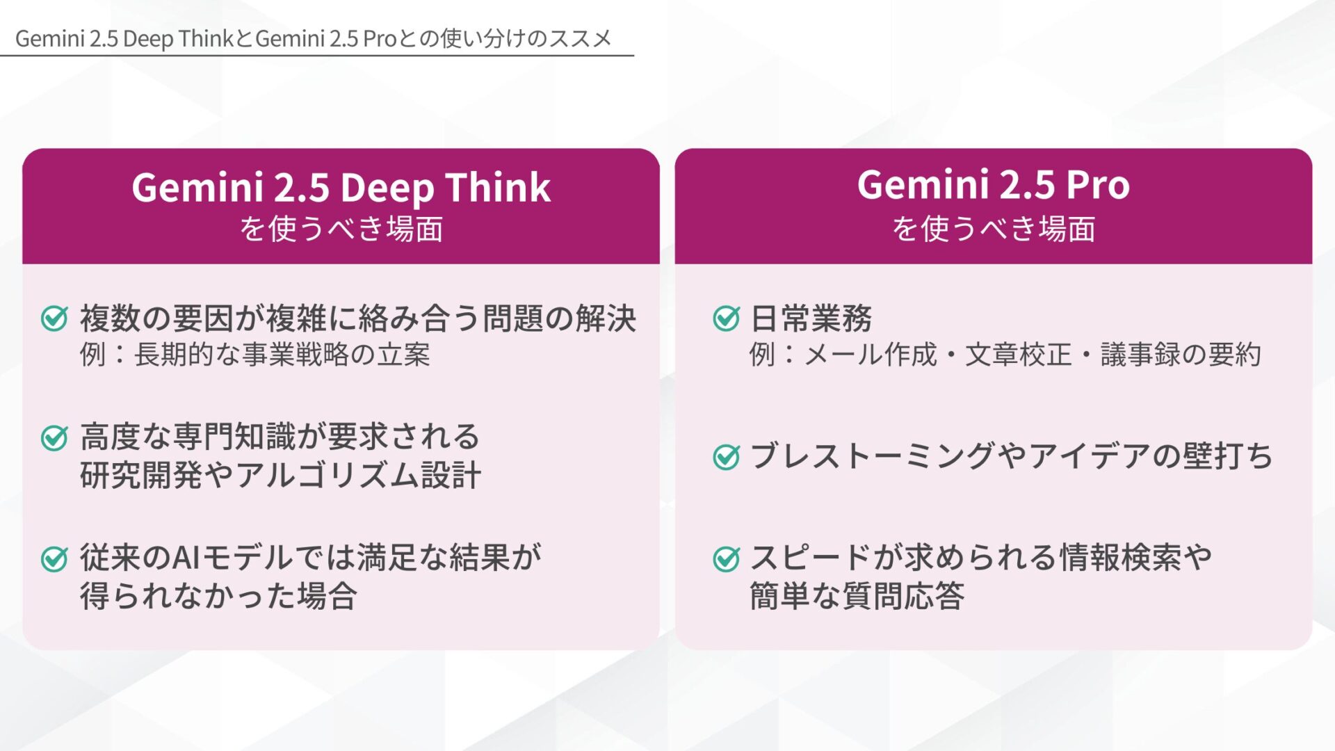 Gemini 2.5 Deep ThinkとGemini 2.5 Proとの使い分けのススメ(Gemini 2.5 Deep Thinkを使うべき場面Gemini 2.5 Proを使うべき場面)