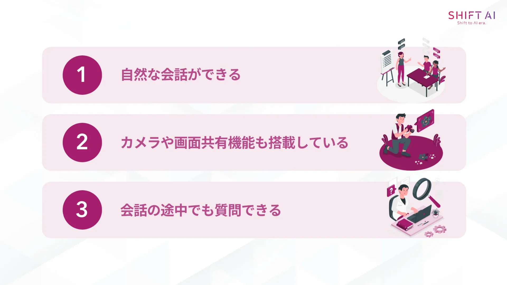 音声会話機能「Gemini Live」の特徴(自然な会話ができる/カメラや画面共有機能も搭載している/会話中に質問を挟むことができる)