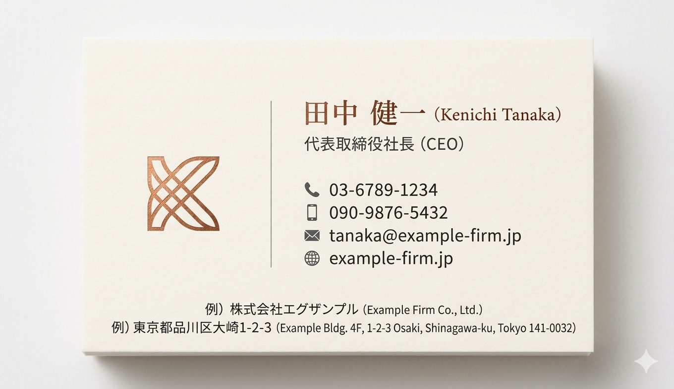 社名のロゴや連絡先が入った名刺デザイン。nano banana pro プロンプトで作成した、シンプルで清潔感のあるカード。