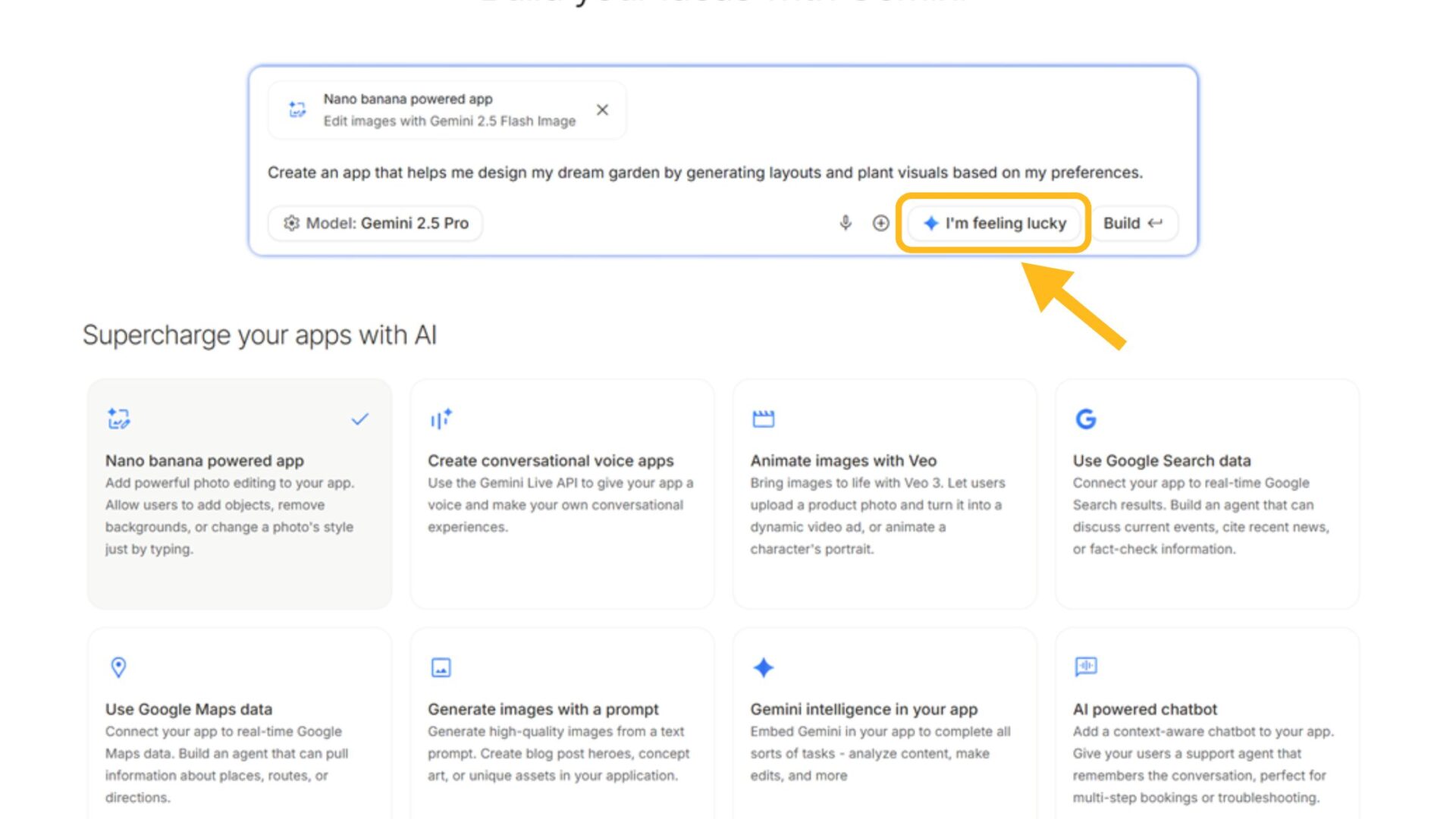 Google AI StudioでVibe Codingを使う方法(ステップ3：使用するカードとプロンプトを入力する-「I’m feeling lucky」を選択すると自動でプロンプトが作成される)