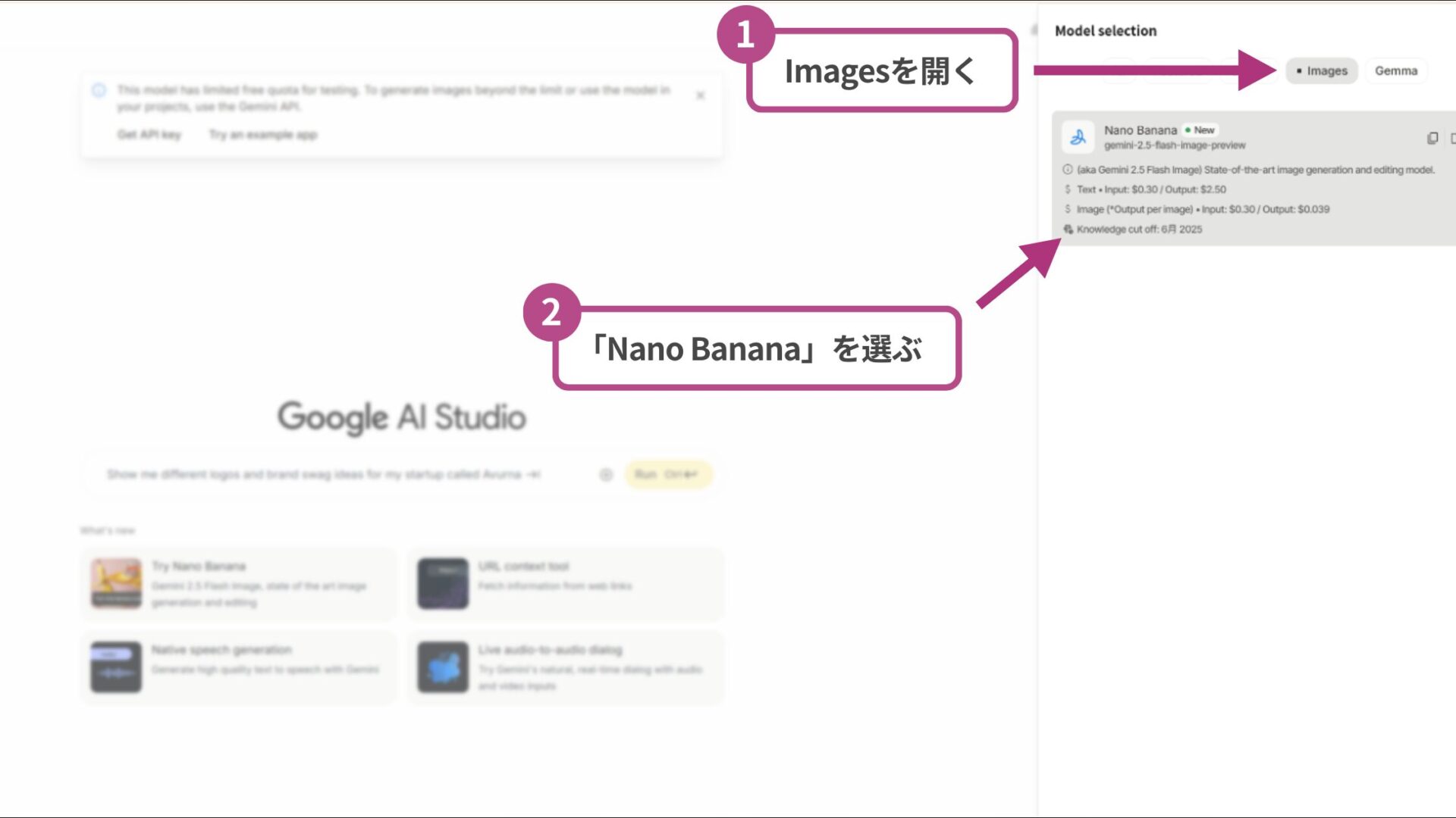 【4ステップ】Nano Bananaで画像をフィギュア化する方法(ステップ2：モデル「Nano Banana」を選択する)