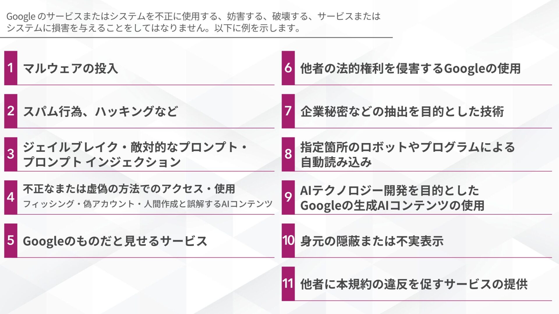 Google AI Studioで商用利用可能でも違反になるケースがある(Google利用規約の記載)
