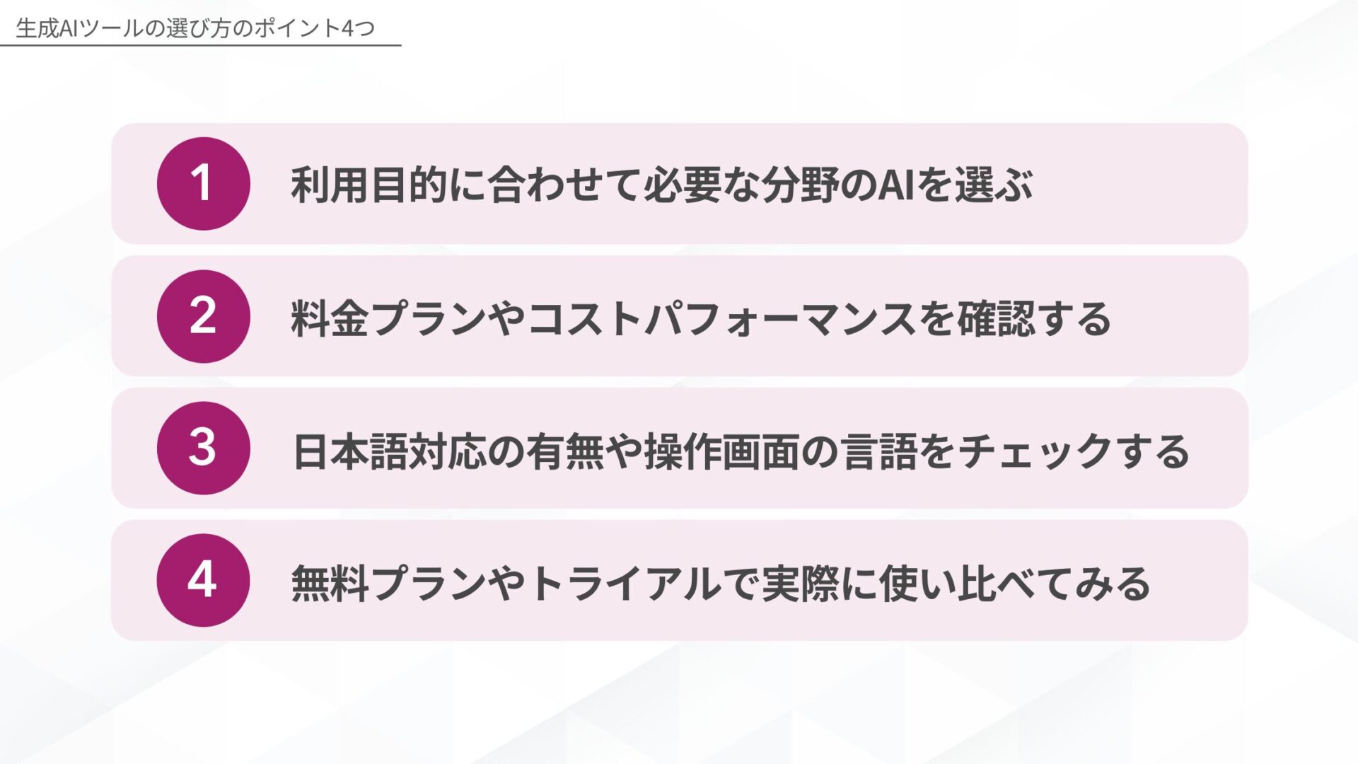 生成AIツールの選び方のポイント(利用目的に合わせて必要な分野のAIを選ぶ/料金プランやコストパフォーマンスを確認する/日本語対応の有無や操作画面の言語をチェックする/無料プランやトライアルで実際に使い比べてみる)