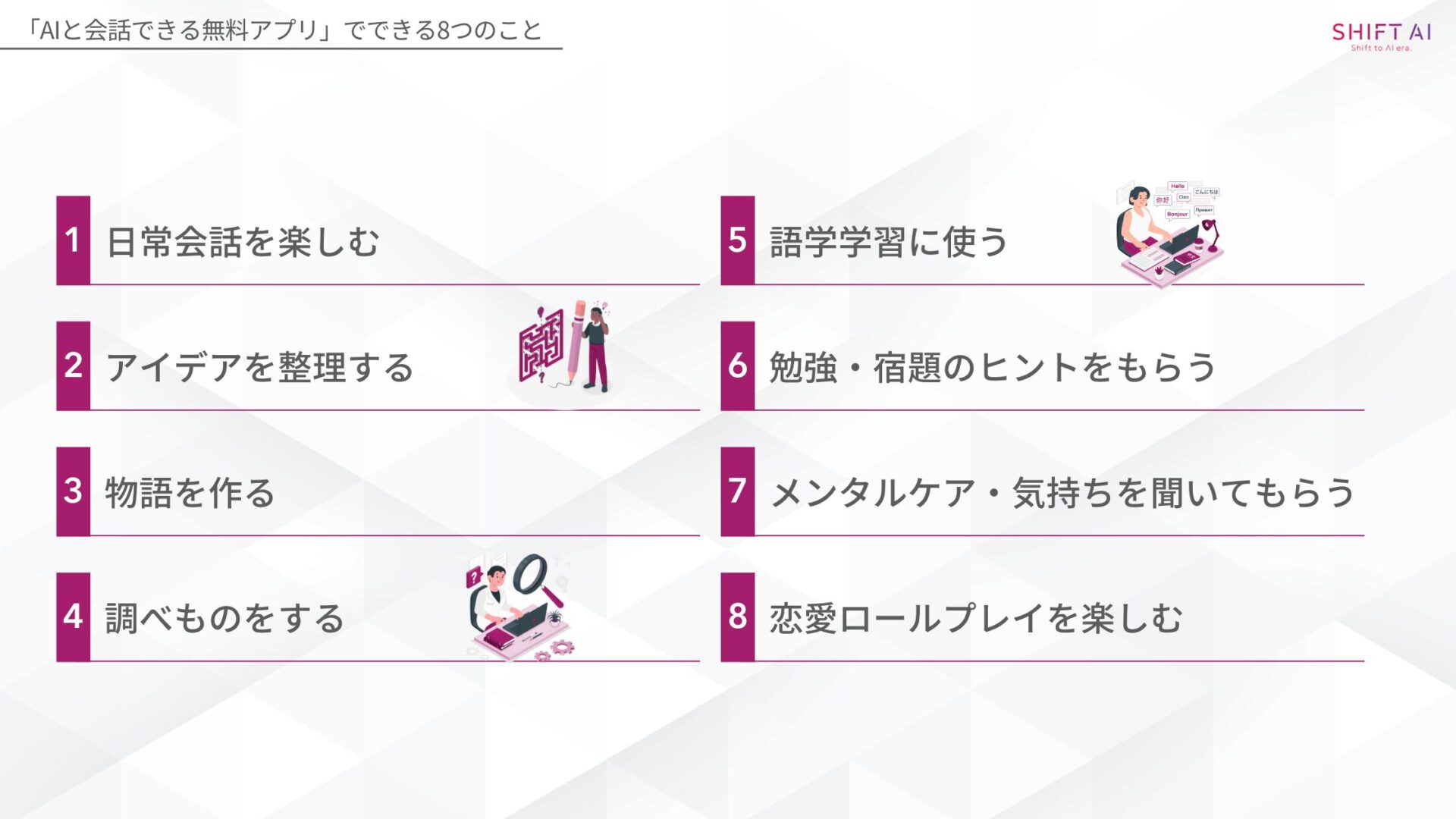 「AIと会話できる無料アプリ」でできることはたくさん！(日常会話を楽しむ/アイデアを整理する/物語を作る/調べものをする/語学学習に使う/勉強・宿題のヒントをもらう/メンタルケア・気持ちを聞いてもらう/恋愛ロールプレイを楽しむ)