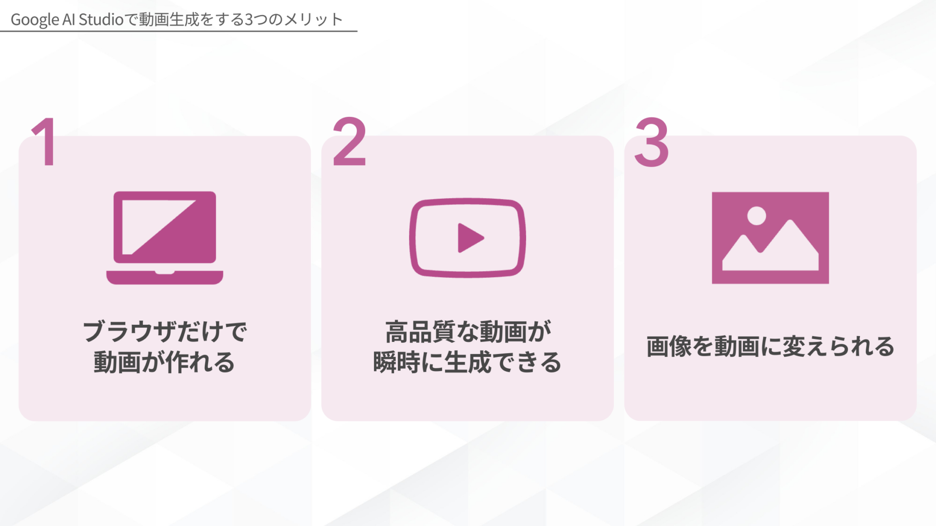 Google AI Studioで動画生成をするメリット(ブラウザだけで動画が作れる/高品質な動画が瞬時に生成できる/画像を動画に変えられる)