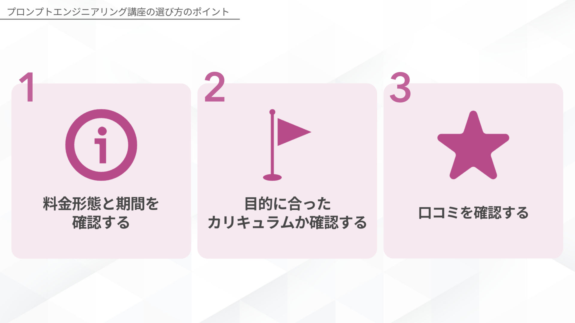 プロンプトエンジニアリング講座の選び方のポイント(料金形態と期間を確認する/目的に合ったカリキュラムか確認する/口コミを確認する)